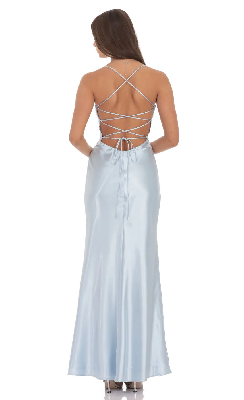Sequin Bust Satin Maxi Dress in Light Blue - luluinthesky