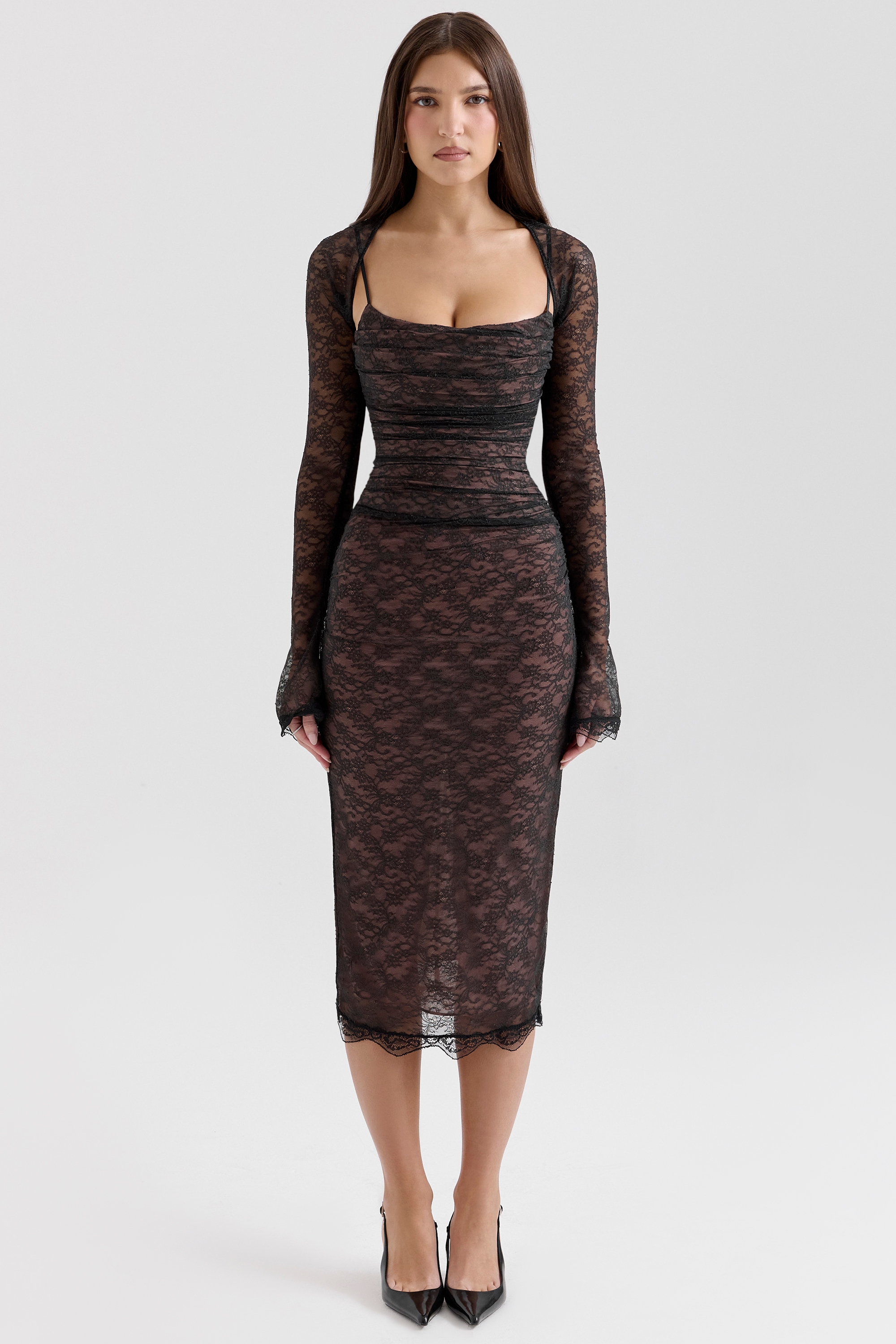 Black Lace Corset Midi Dress