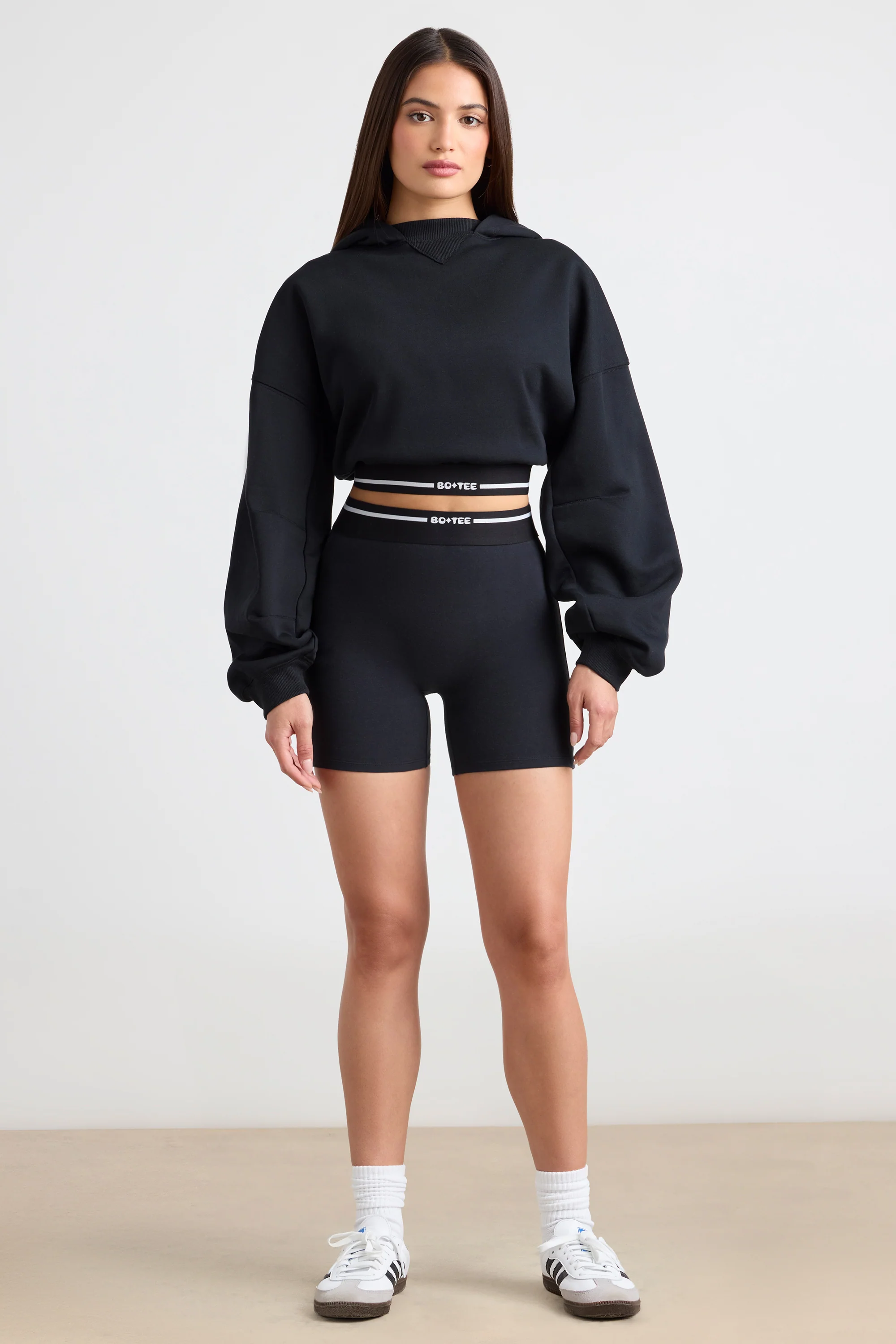 Stretch Cotton Fleece Cropped Hoodie in Black