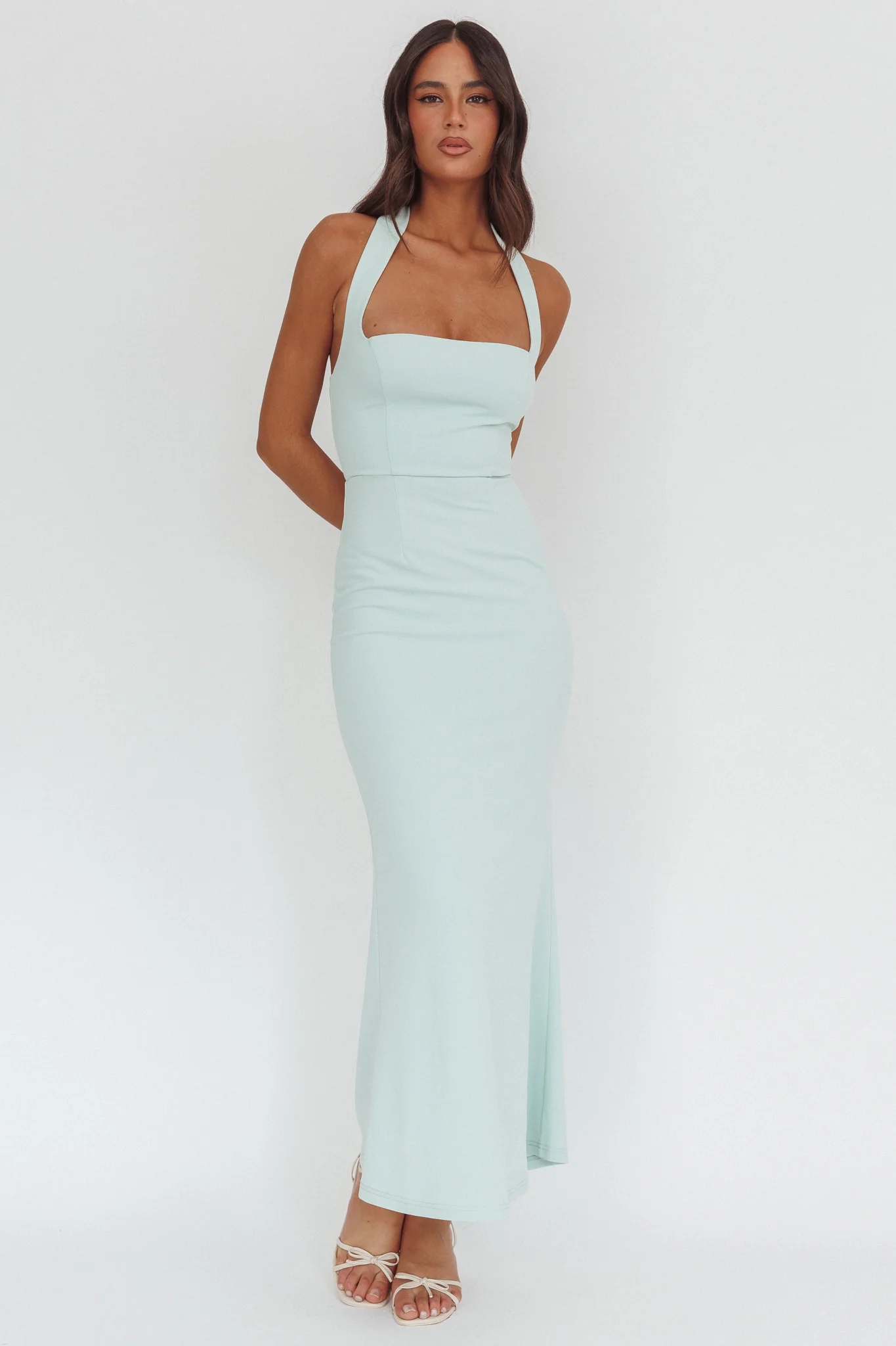 Shellie Square Neckline Halter Maxi Dress Ice Blue - luluinthesky