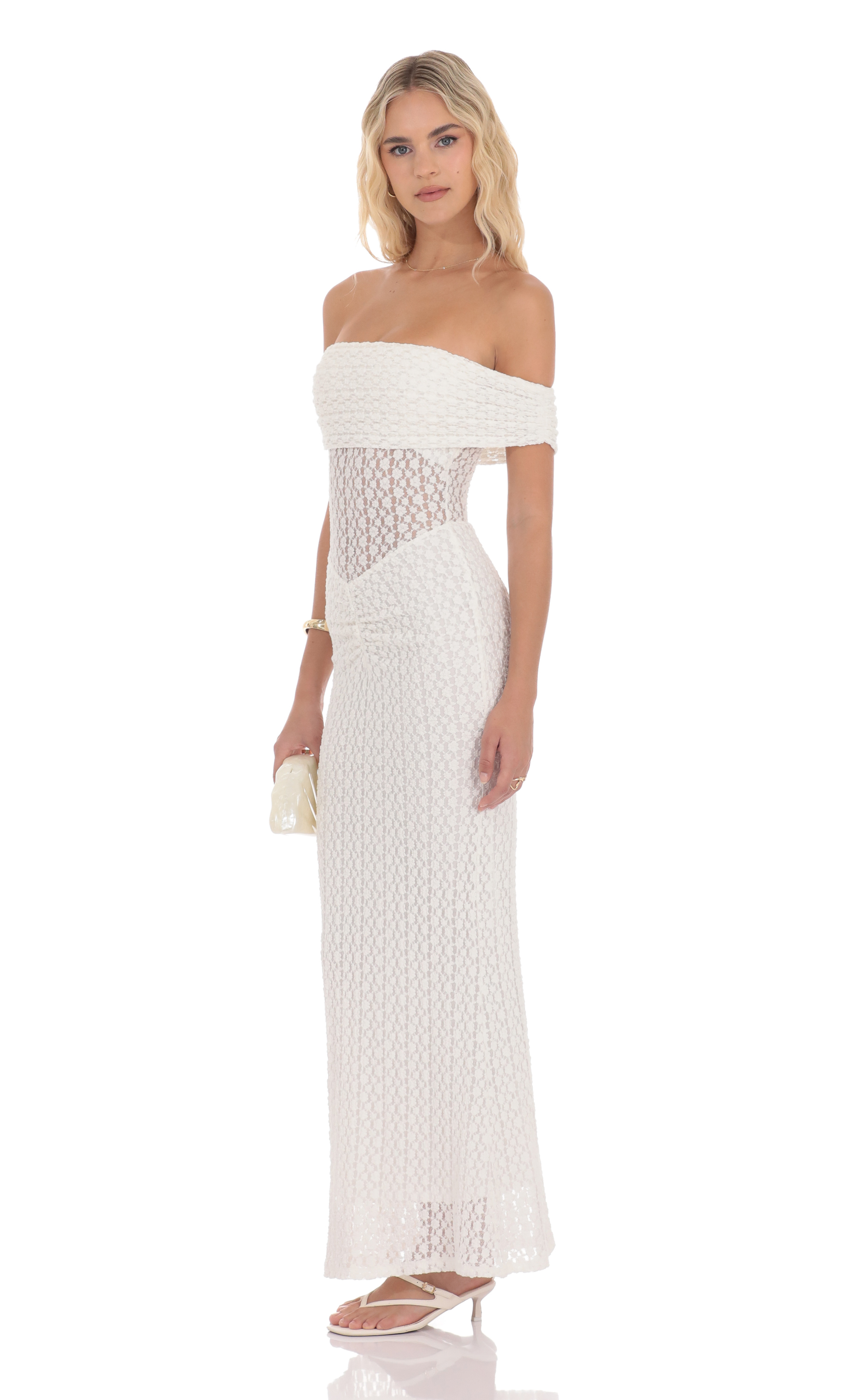 Off Shoulder Lace Bodycon Maxi Dress in White - luluinthesky