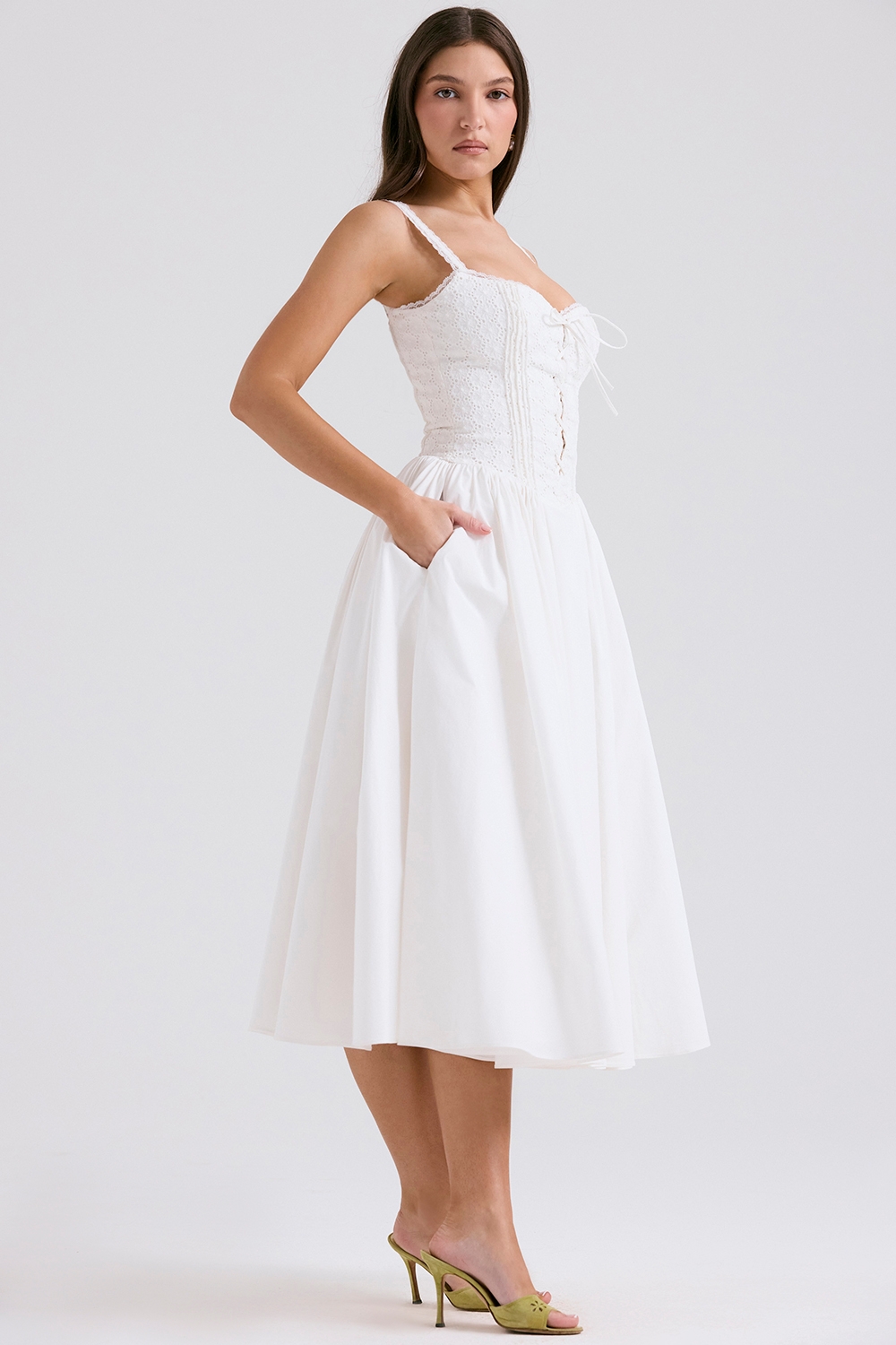 White Broderie Anglais &Amp; Cotton Midi Dress
