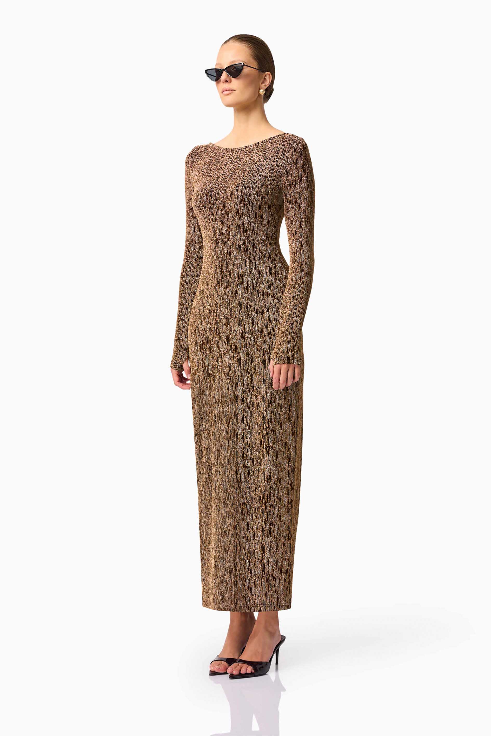 CURAAE Emery Long Sleeve Maxi Dress in Gold