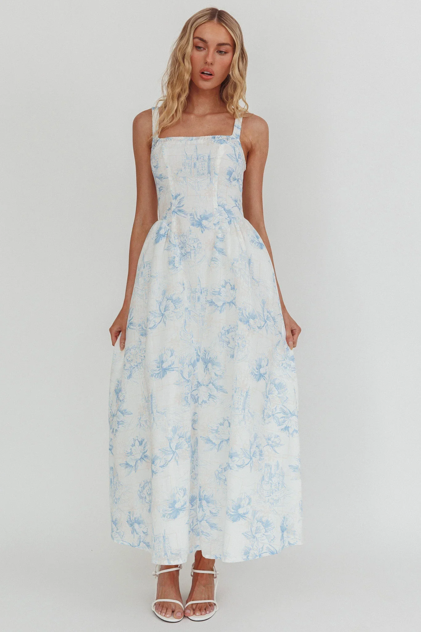 El Corazon Smocked Neckline Maxi Dress Print Blue