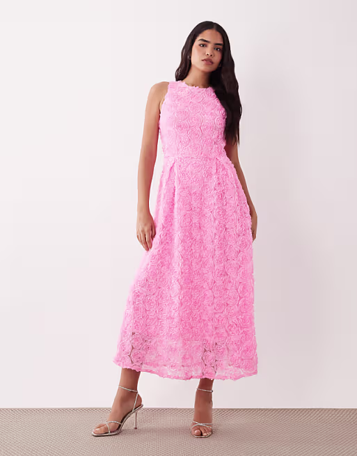 VILA floral jacquard midaxi dress in bonbon pink