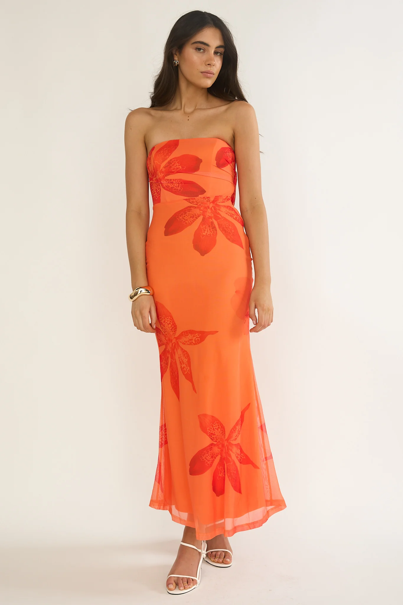 Minnesota Strapless Cowl Back Dress Floral Orange