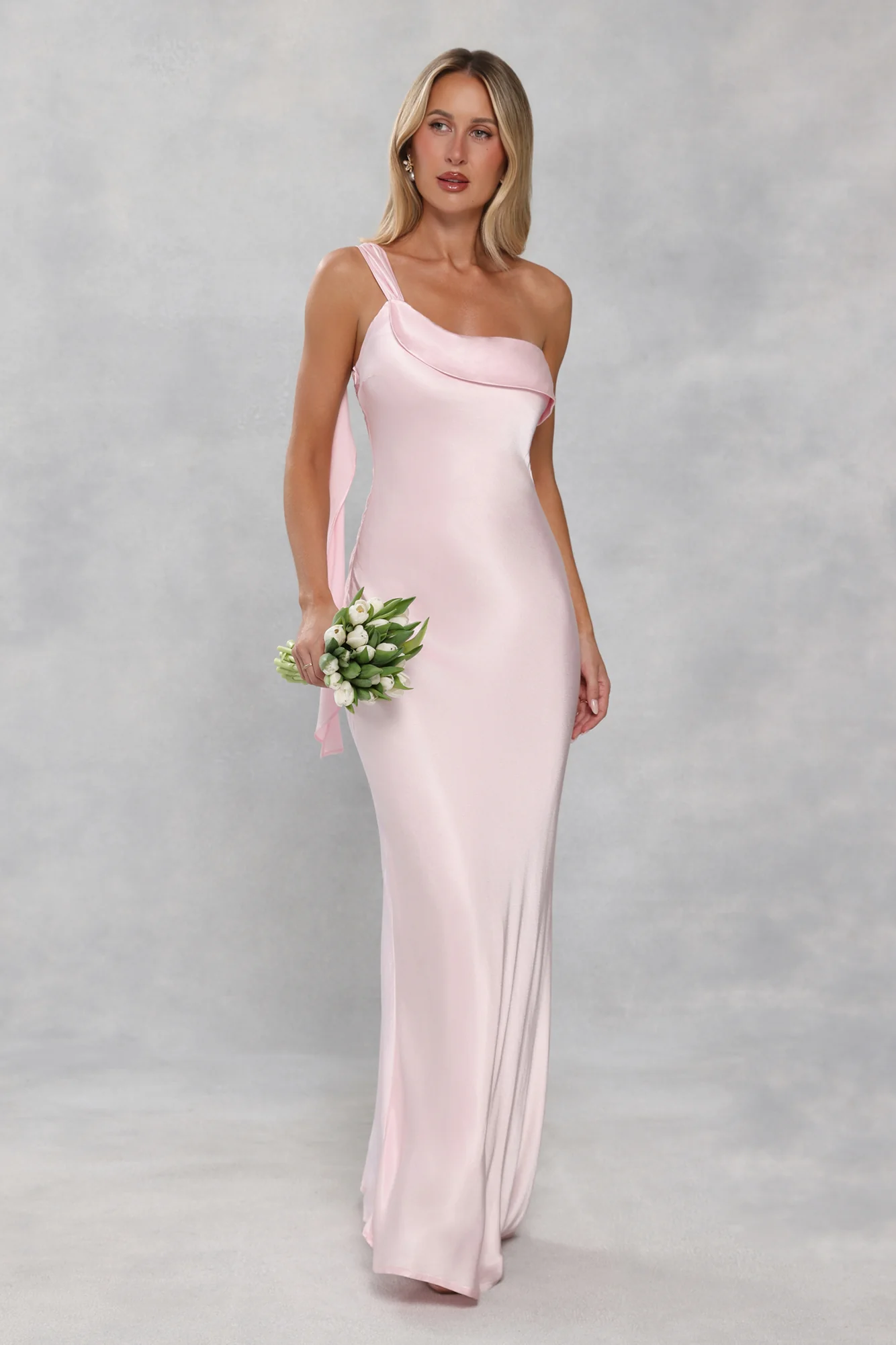 The Zafira One Shoulder Satin Maxi Dress Light Pink