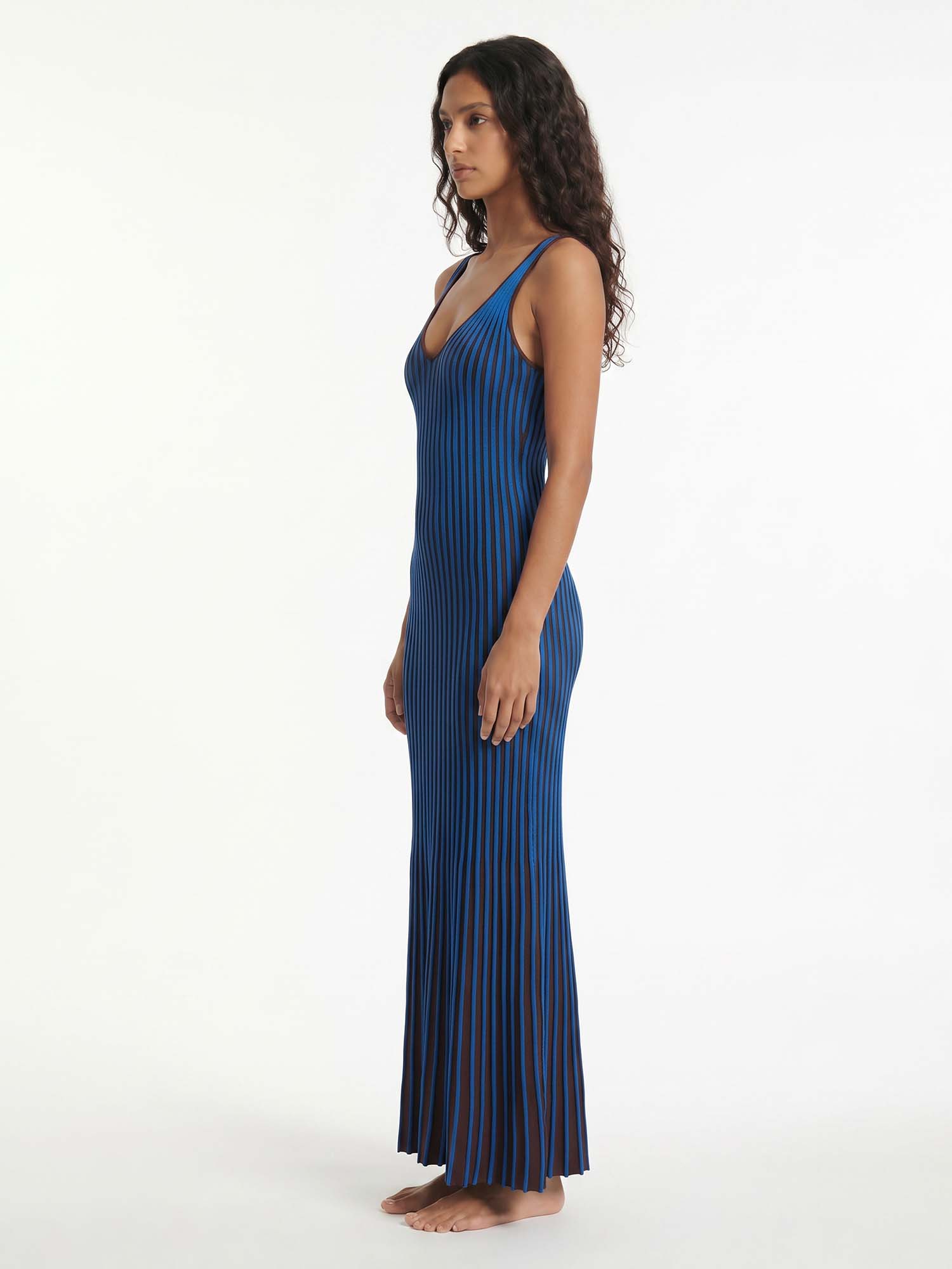 Indigo Stripe Pleated Midi Dress