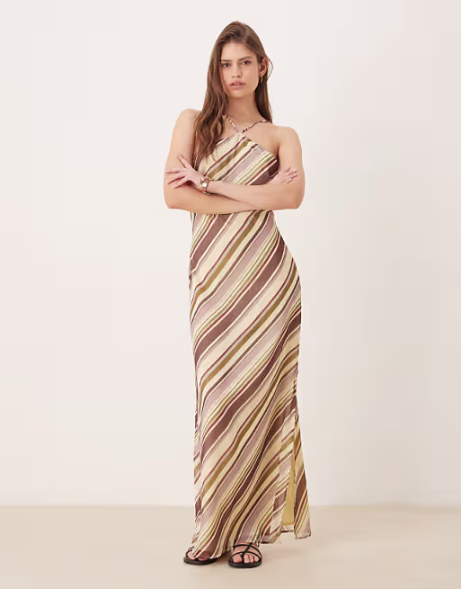 halter neck chiffon maxi dress in multi stripes