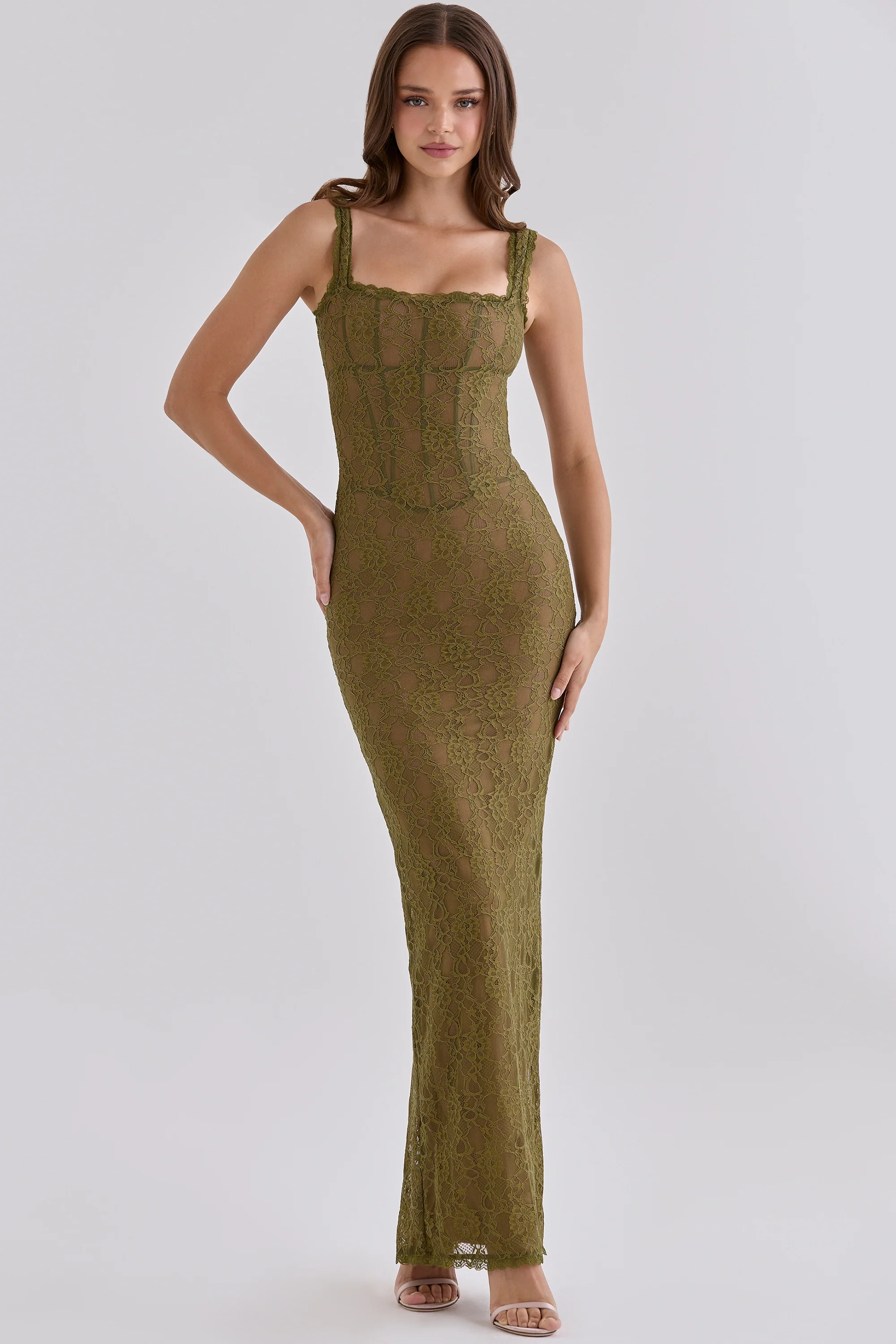 Olive Lace Scallop Trim Maxi Dress