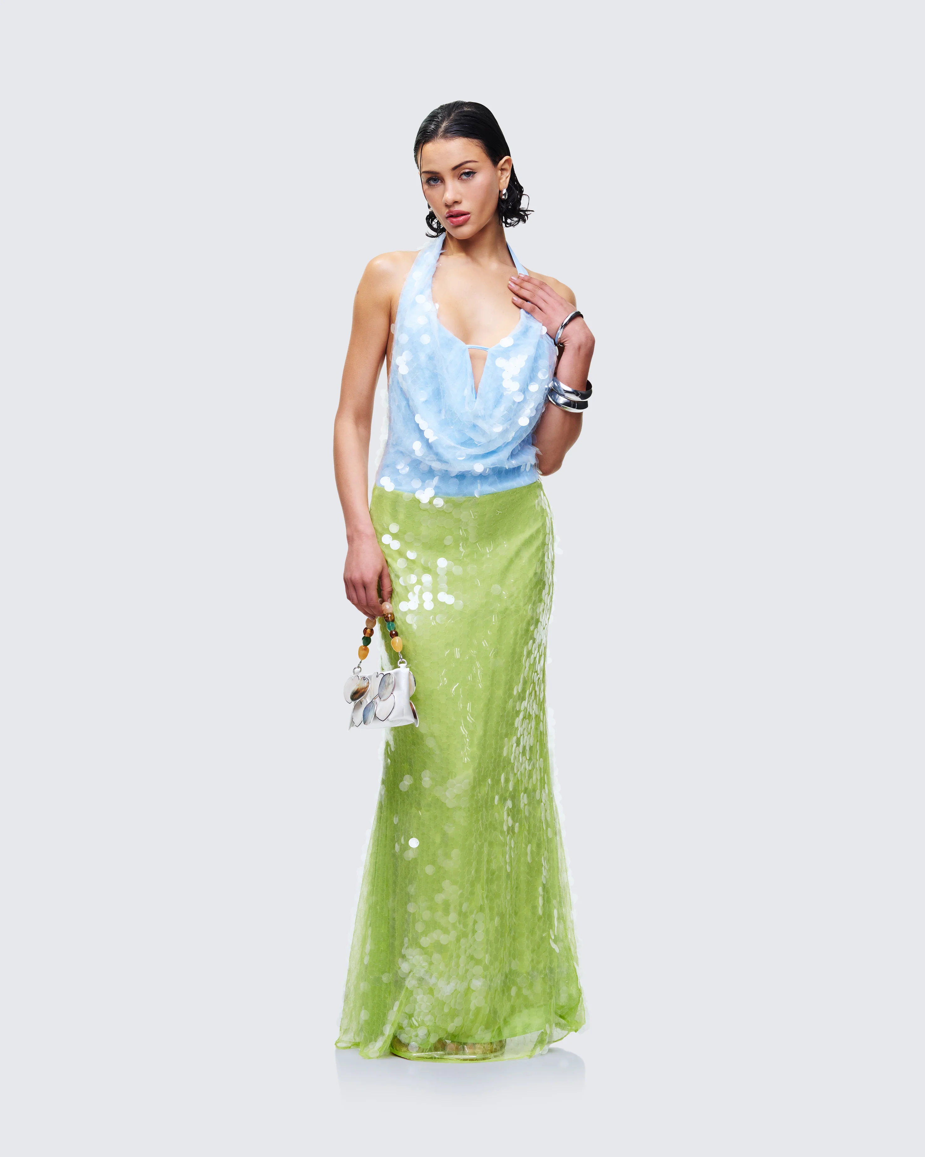 Zelda Blue Sequin Cowl Neck Maxi Dress