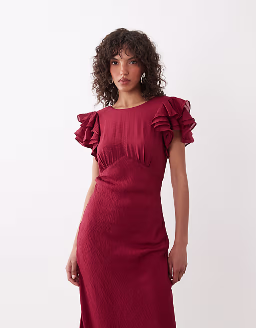 Nobody's Child Lola v neck back detail flutter sleeve midi dress in burgundy
