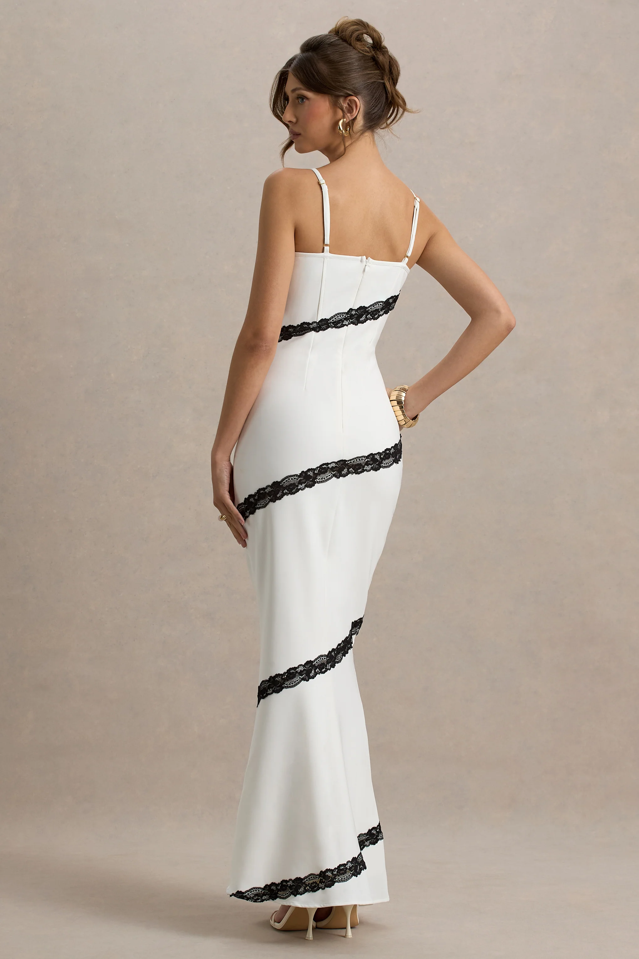 Elizabeth | White & Black Strappy Lace-Trimmed Maxi Dress