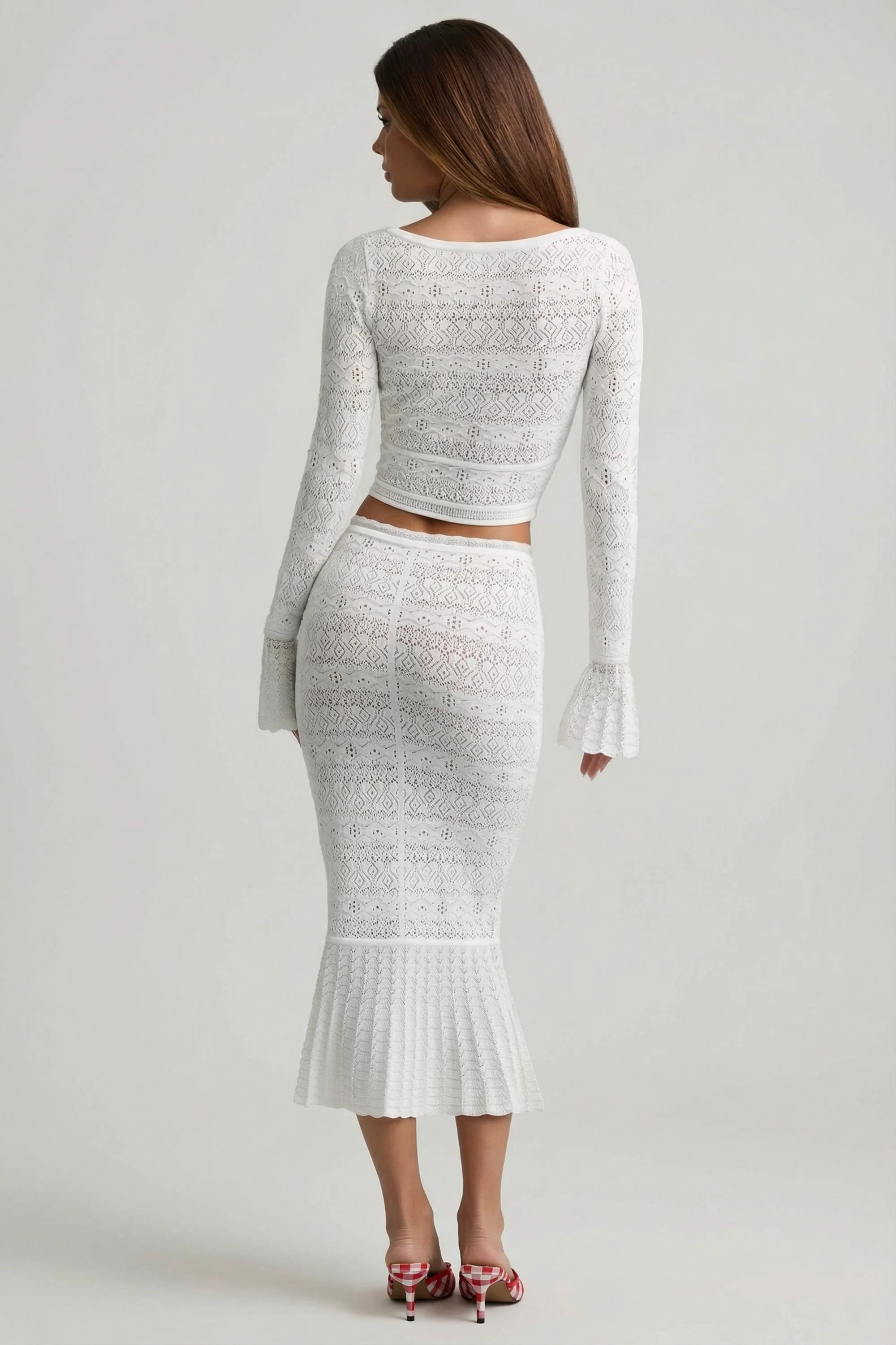 Ruffle-Trim Pointelle-Knit Midaxi Skirt in White