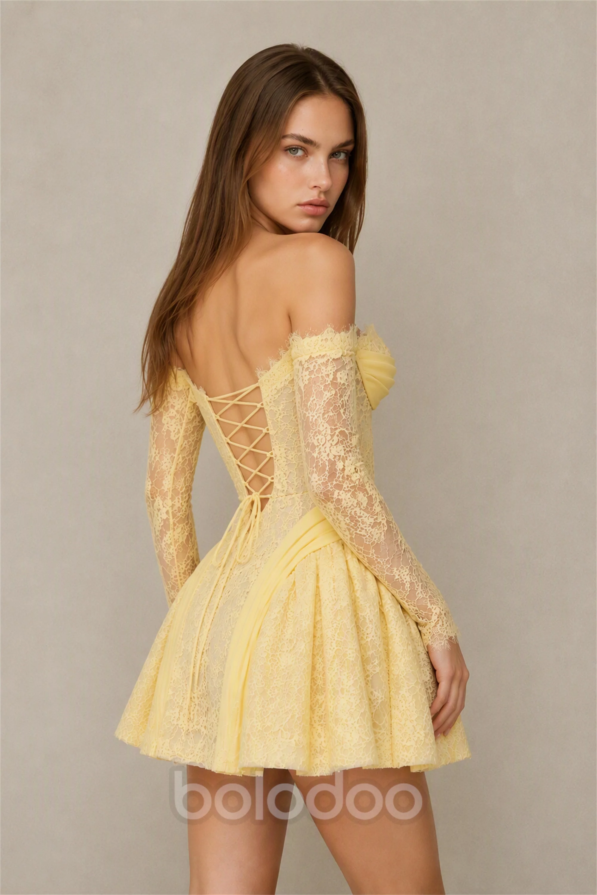 BOLODOO Yellow Lace Off-Shoulder Long Sleeve Corset Puff Mini Dress | Prom Homecoming Party Dress