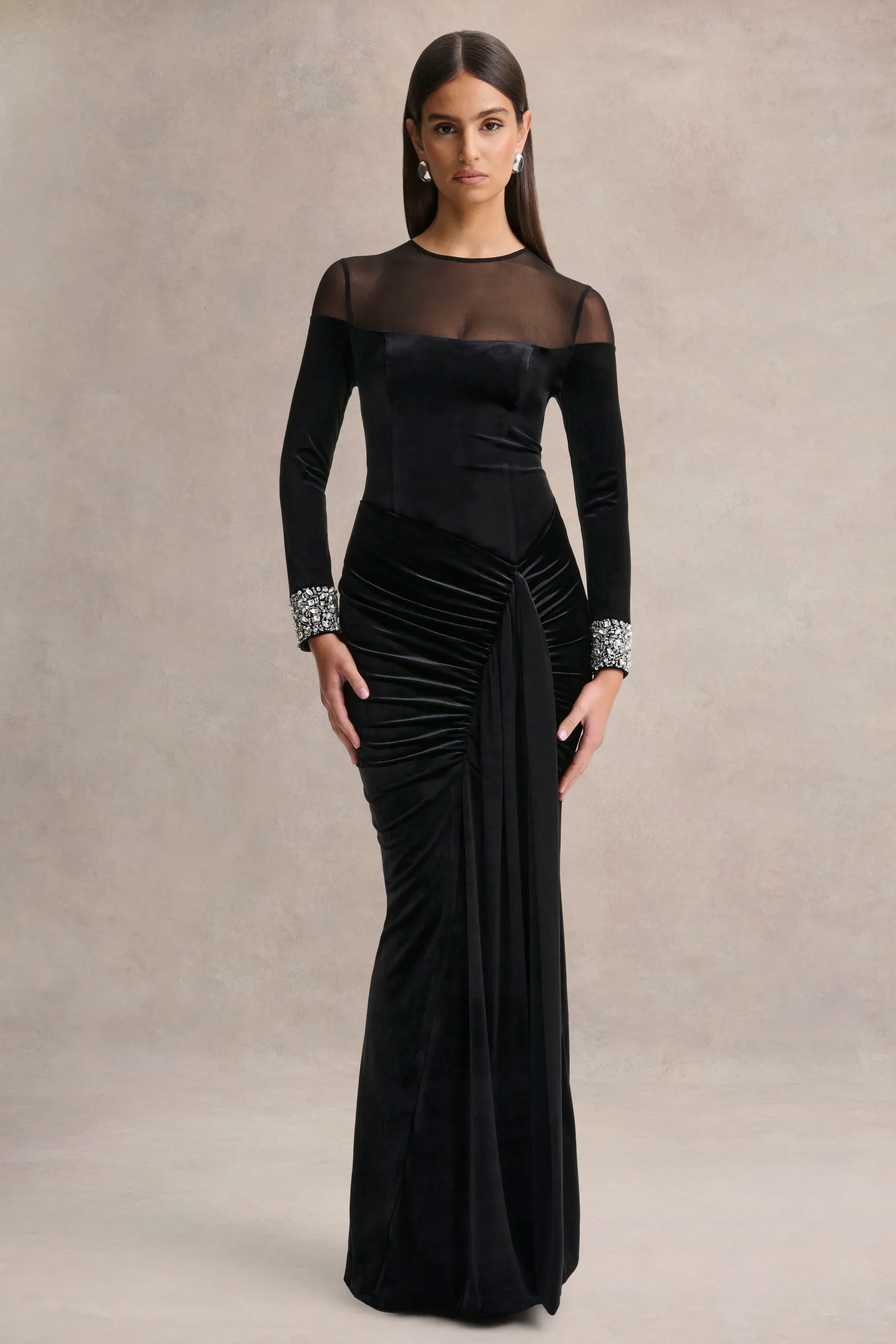Perrin | Black Velvet Crew-Neck Maxi Dress With Embellished Cuffs