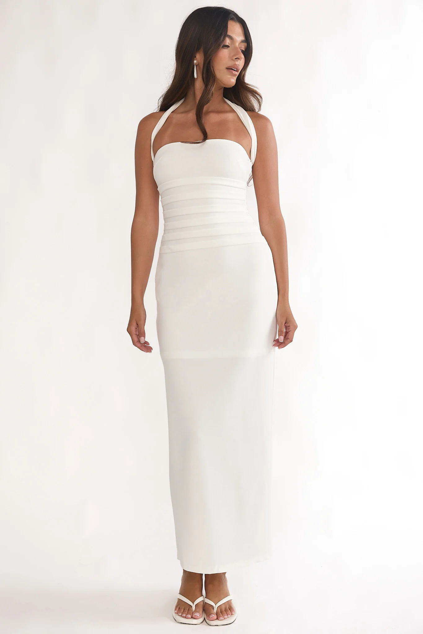 Fly Me To Paris Pleat Bodice Halterneck Maxi Dress White