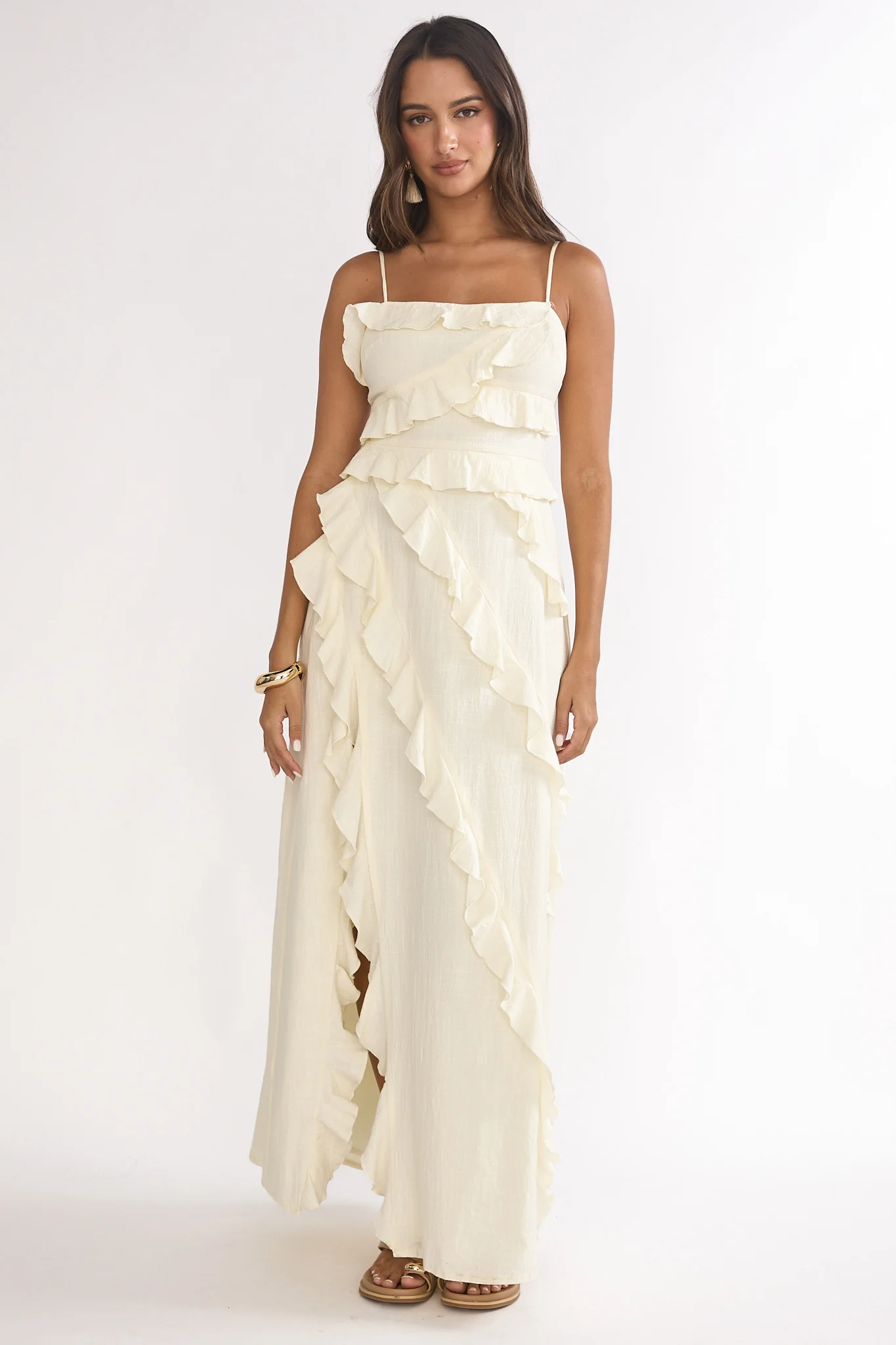 Arrabel Ruffle Split Maxi Dress Ivory