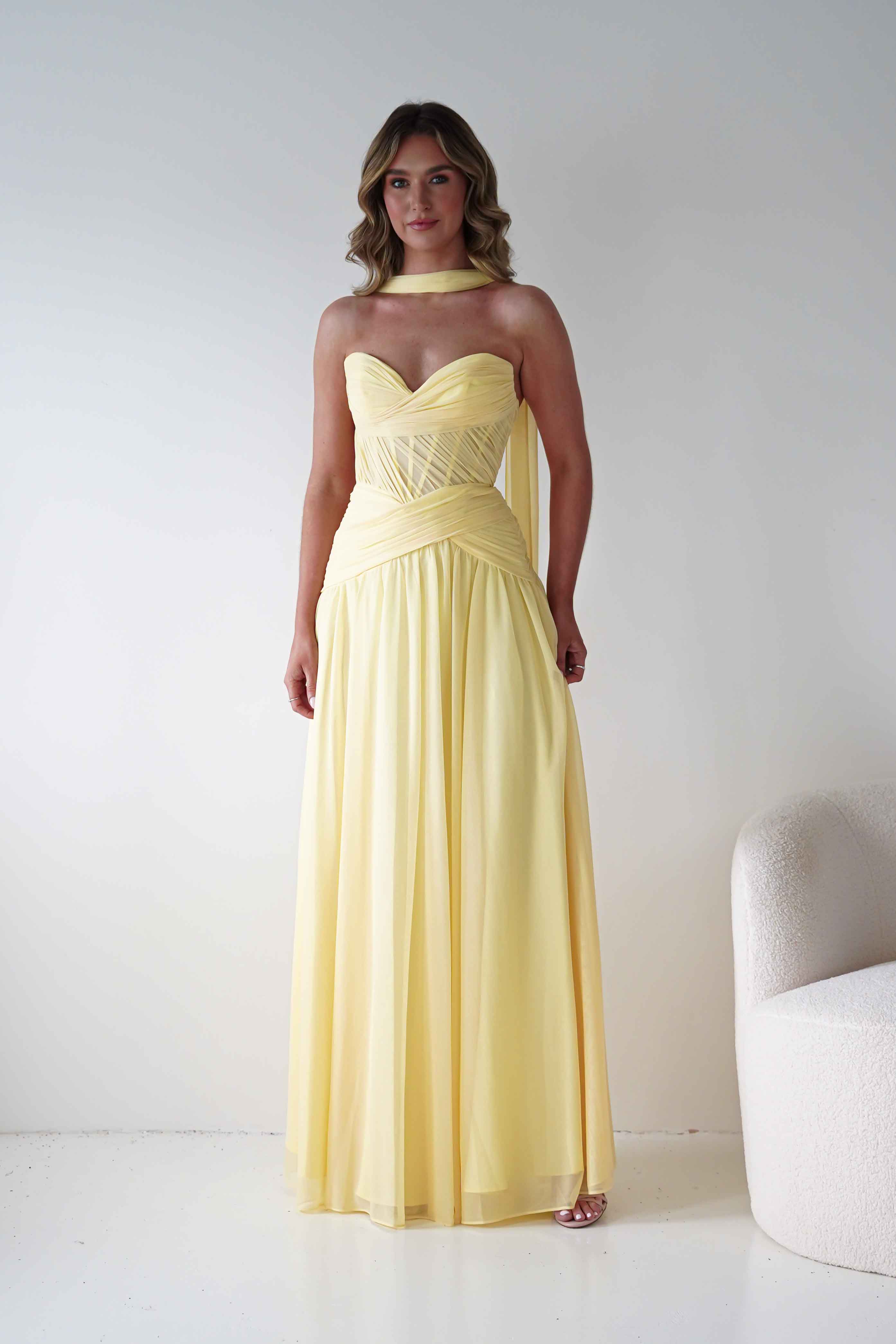 Nicolette Strapless Chiffon Maxi Gown | Yellow