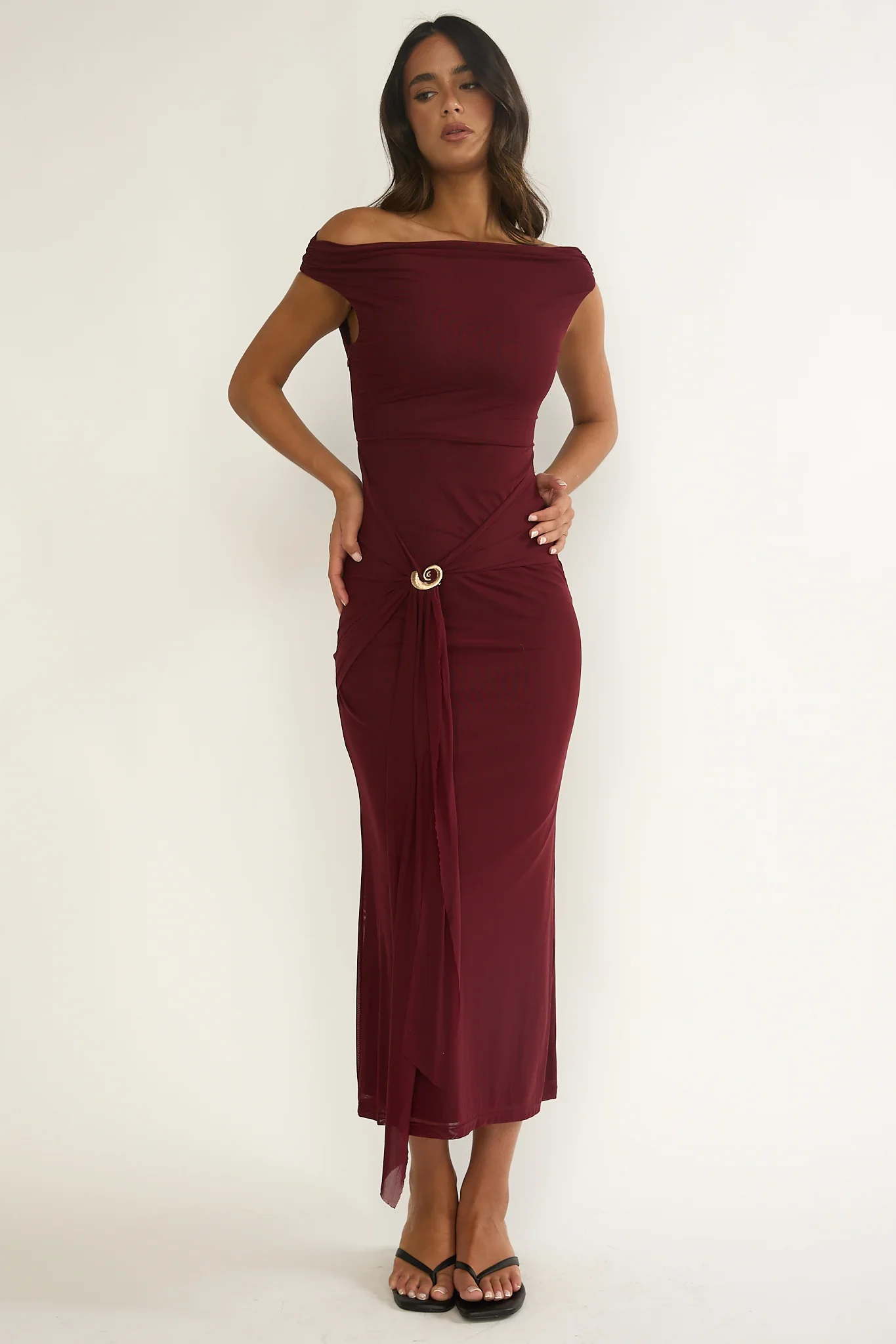 Lyssia Off-Shoulder Waist Sash Maxi Dress Cherry