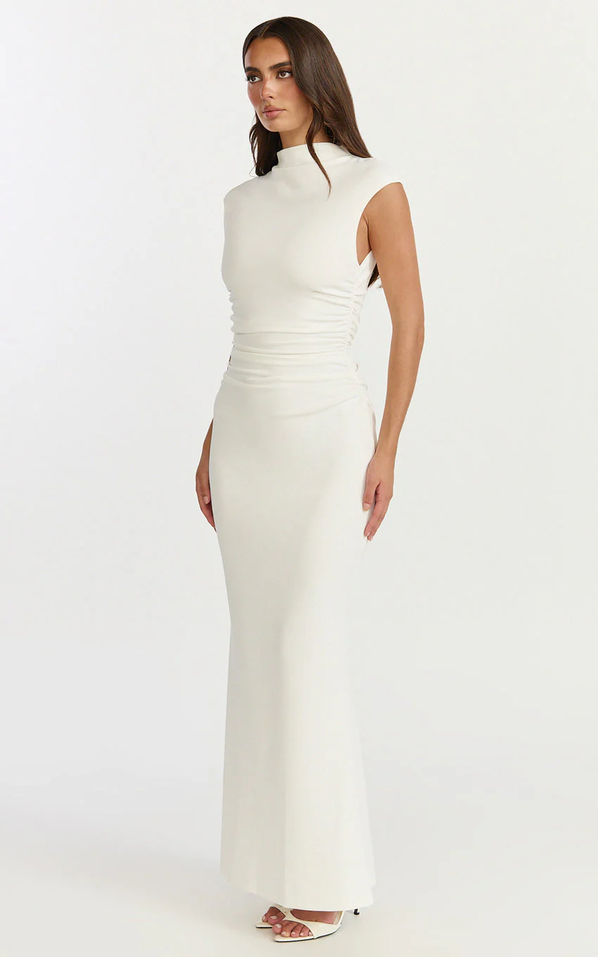 Eira Maxi Dress - High Neck Cap Sleeve Maxi Dress in White - luluinthesky