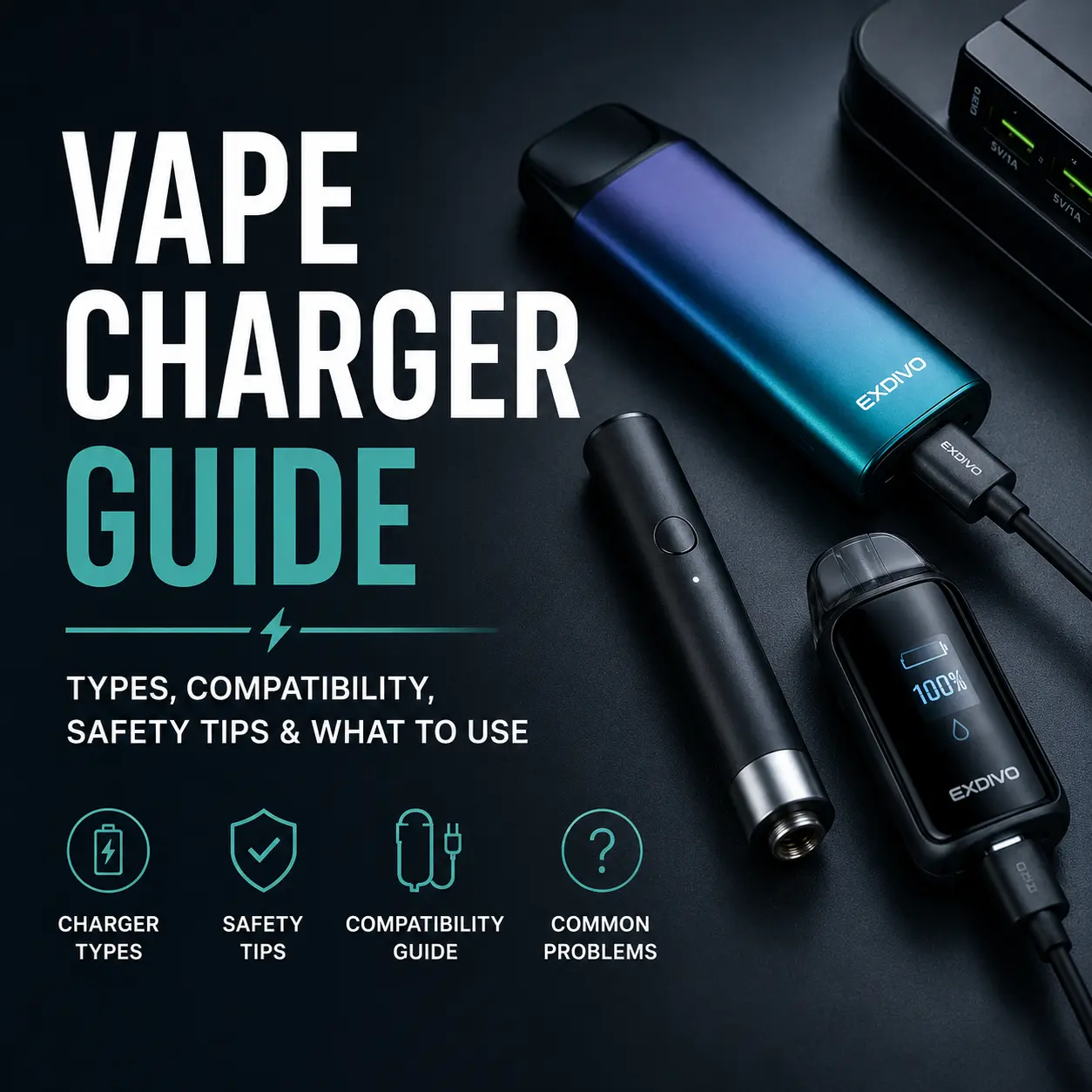 Vape charger guide cover showing ExDivo vape devices, USB charging cable, battery display, charger types and safety tips
