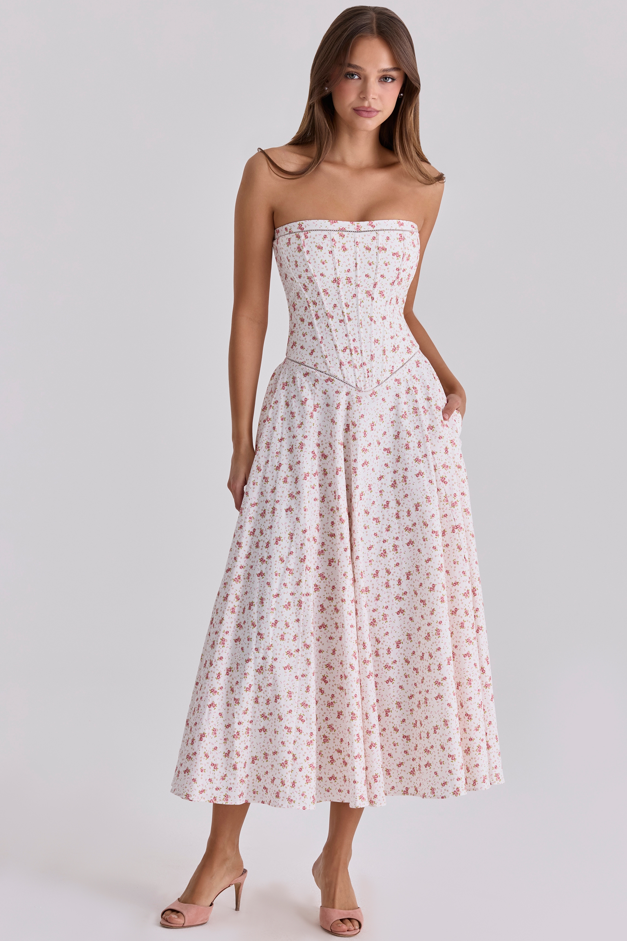white rose print strapless cotton maxi dress