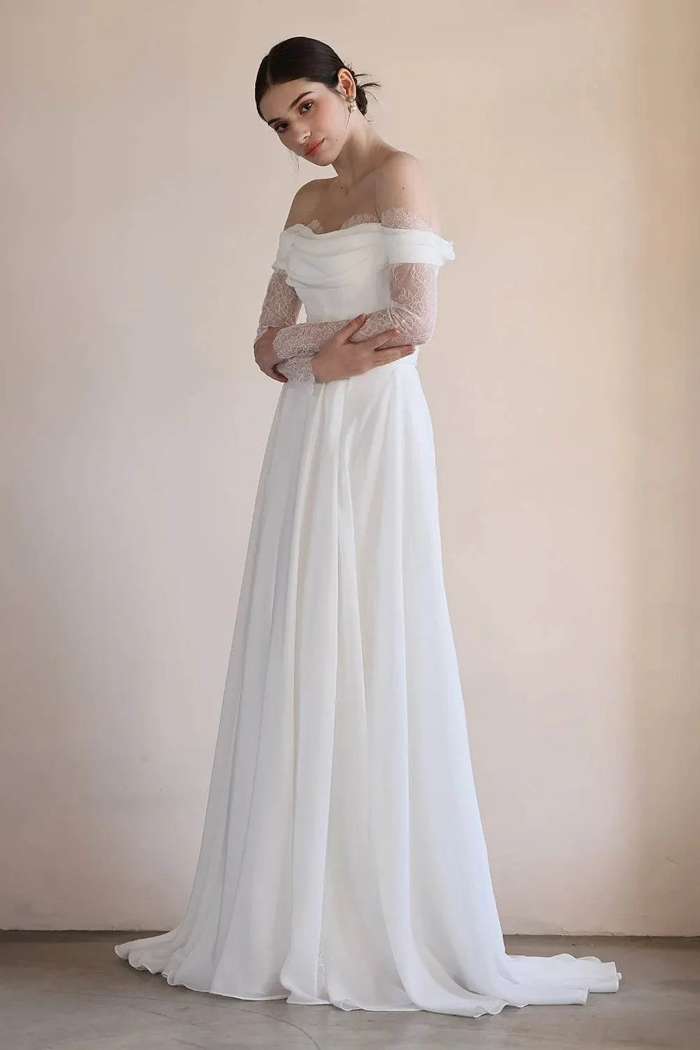 A-Line Sweep-Brush Train Lace Chiffon Wedding Dress CW3546