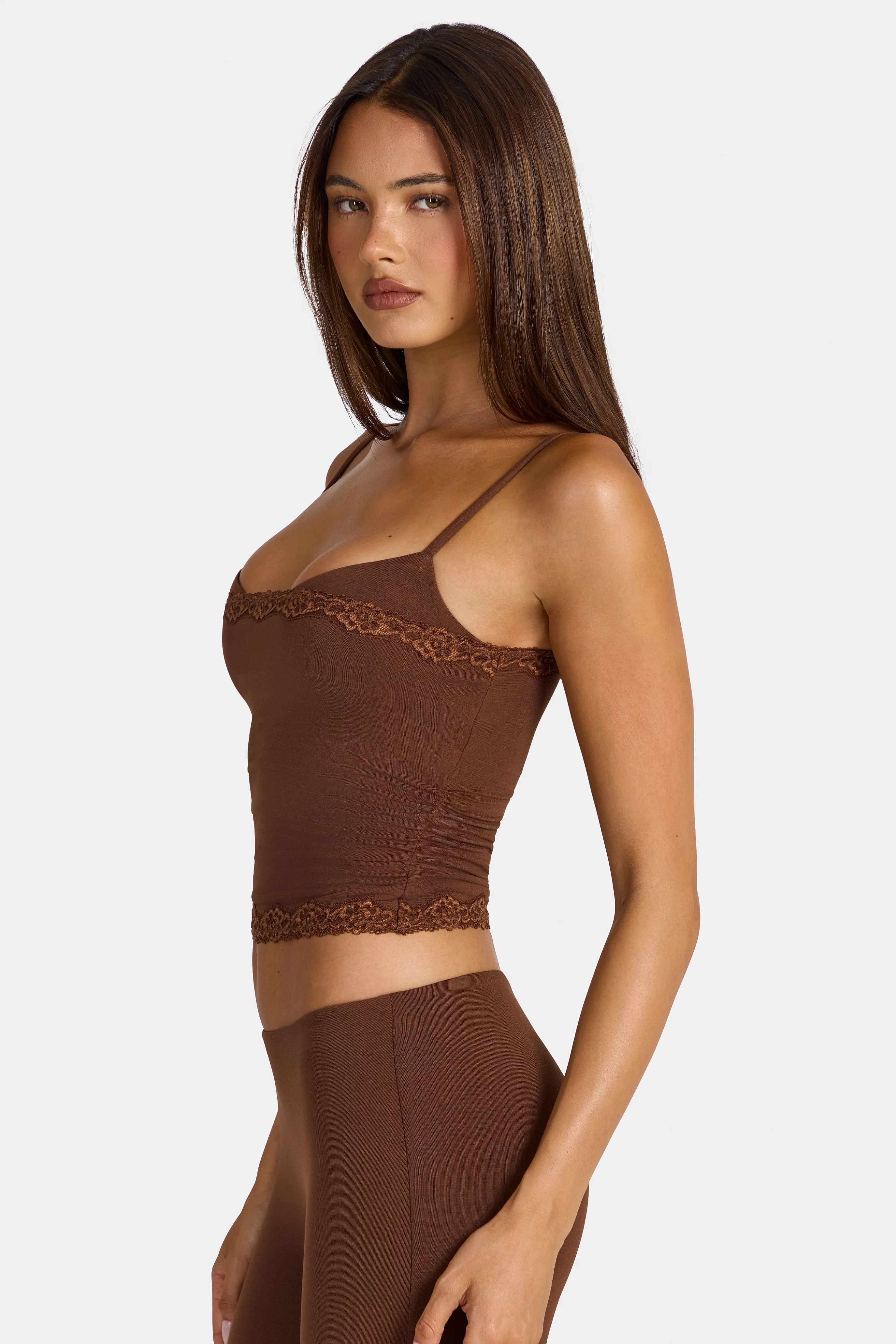Modal Lace-Trim Peekaboo Tank Top in Cocoa Brown