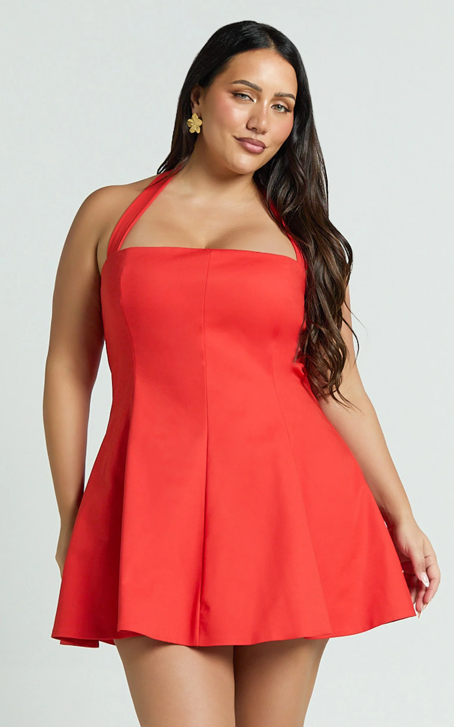 Nadine Mini Dress - Square Neck Halterneck Flare Skirt Dress in Red