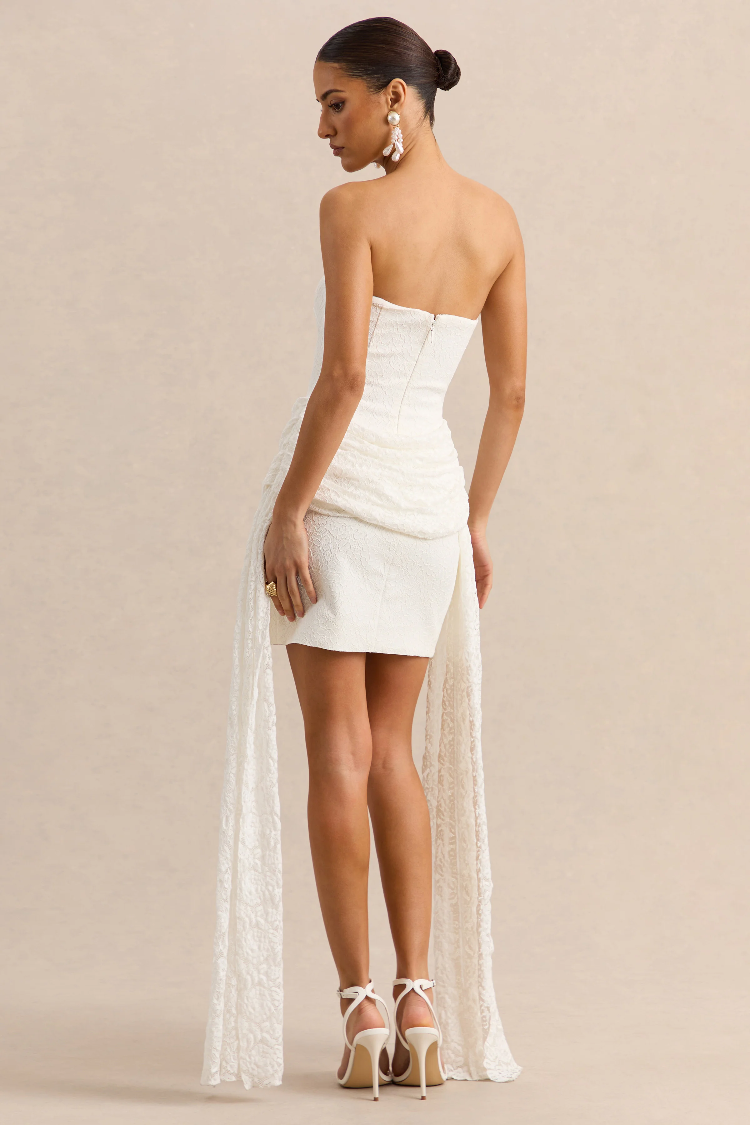 Sabrelle | White Bandeau-Neck Mini Dress With Draped-Detailing