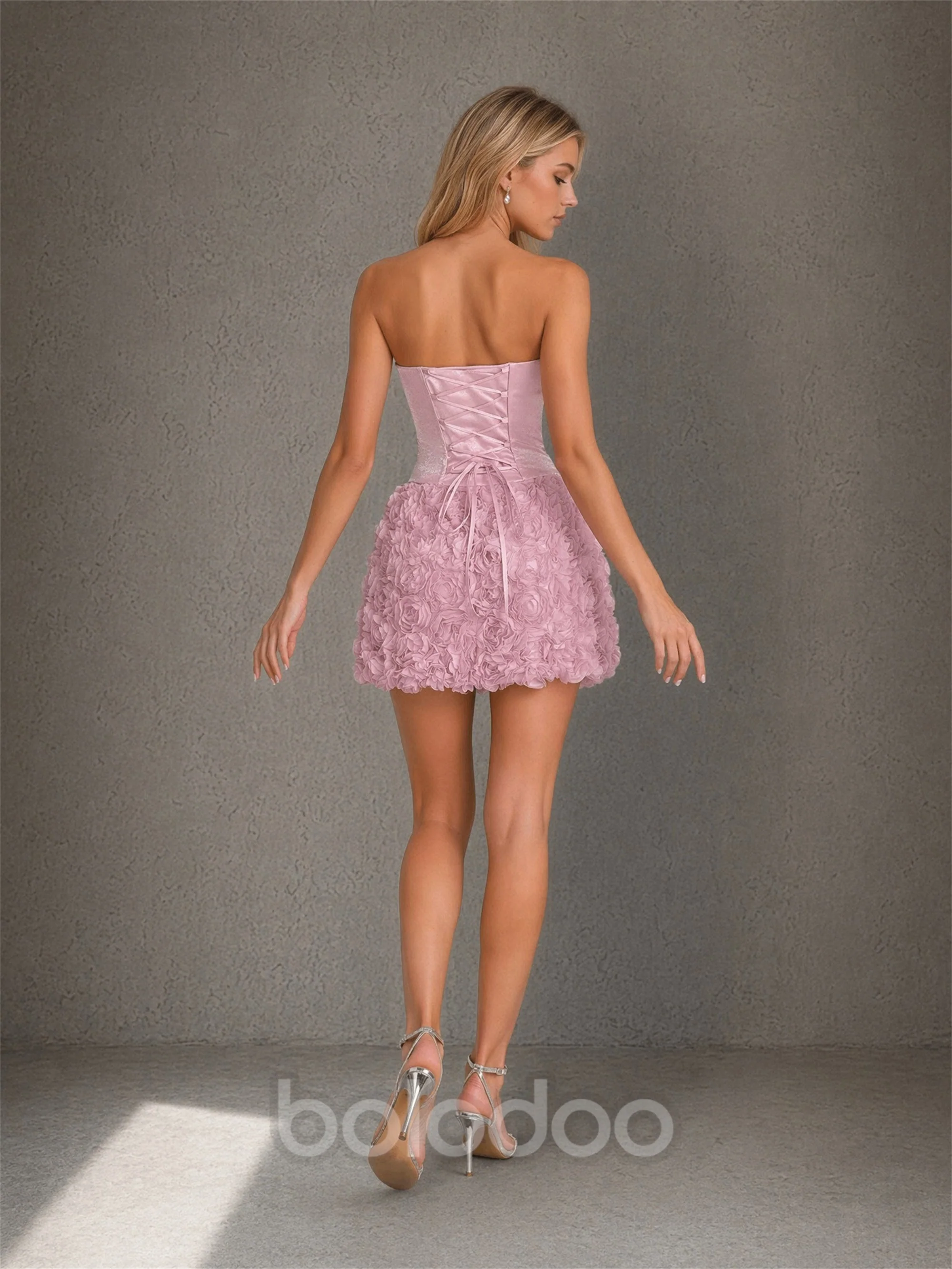 BOLODOO Blush Pink Strapless Corset Bodice Lace-Up Back 3D Rosette Mini Dress – Satin & Floral Cocktail Gown