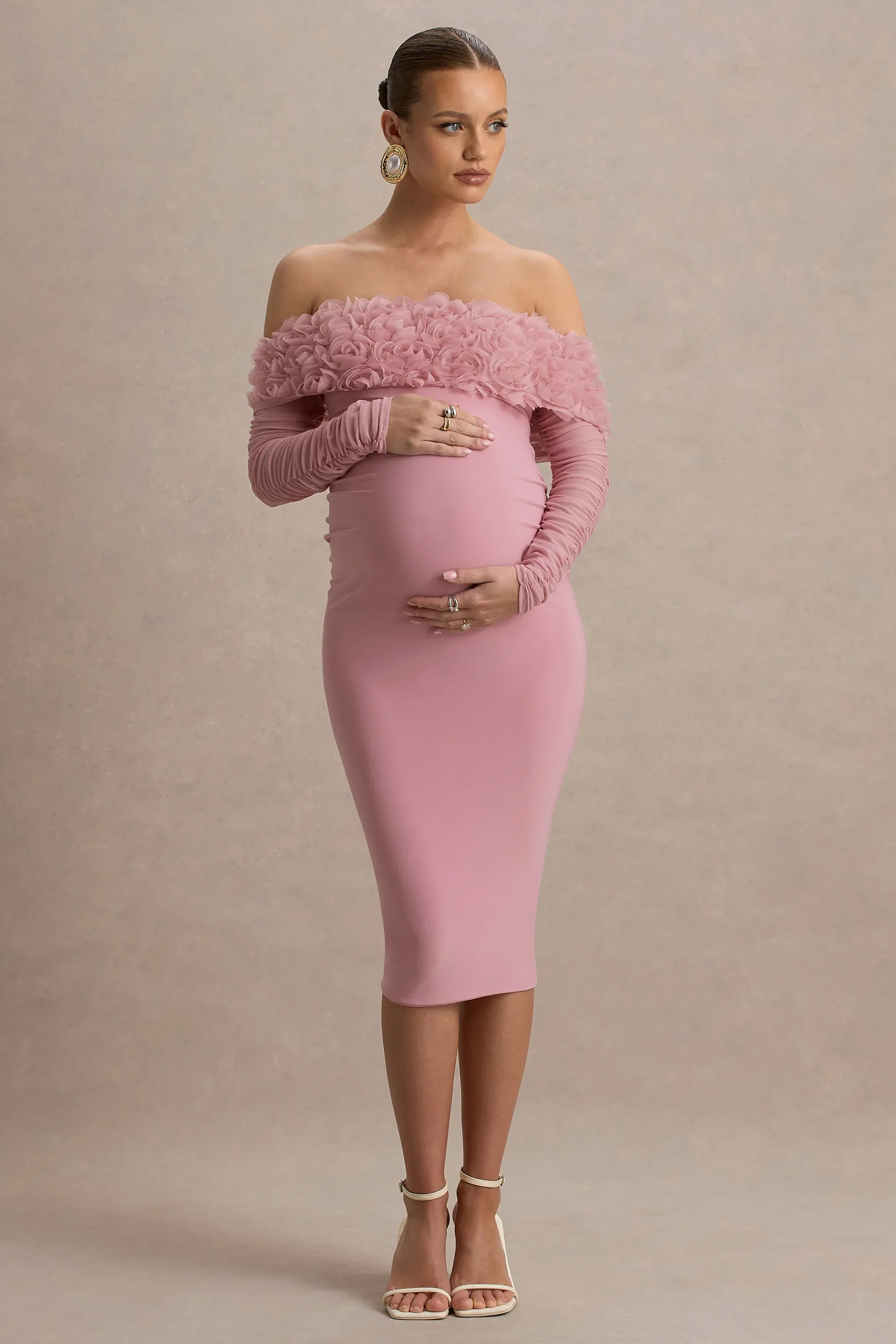 Adita | Blush Pink Mesh Floral Bardot Maternity Midi Dress