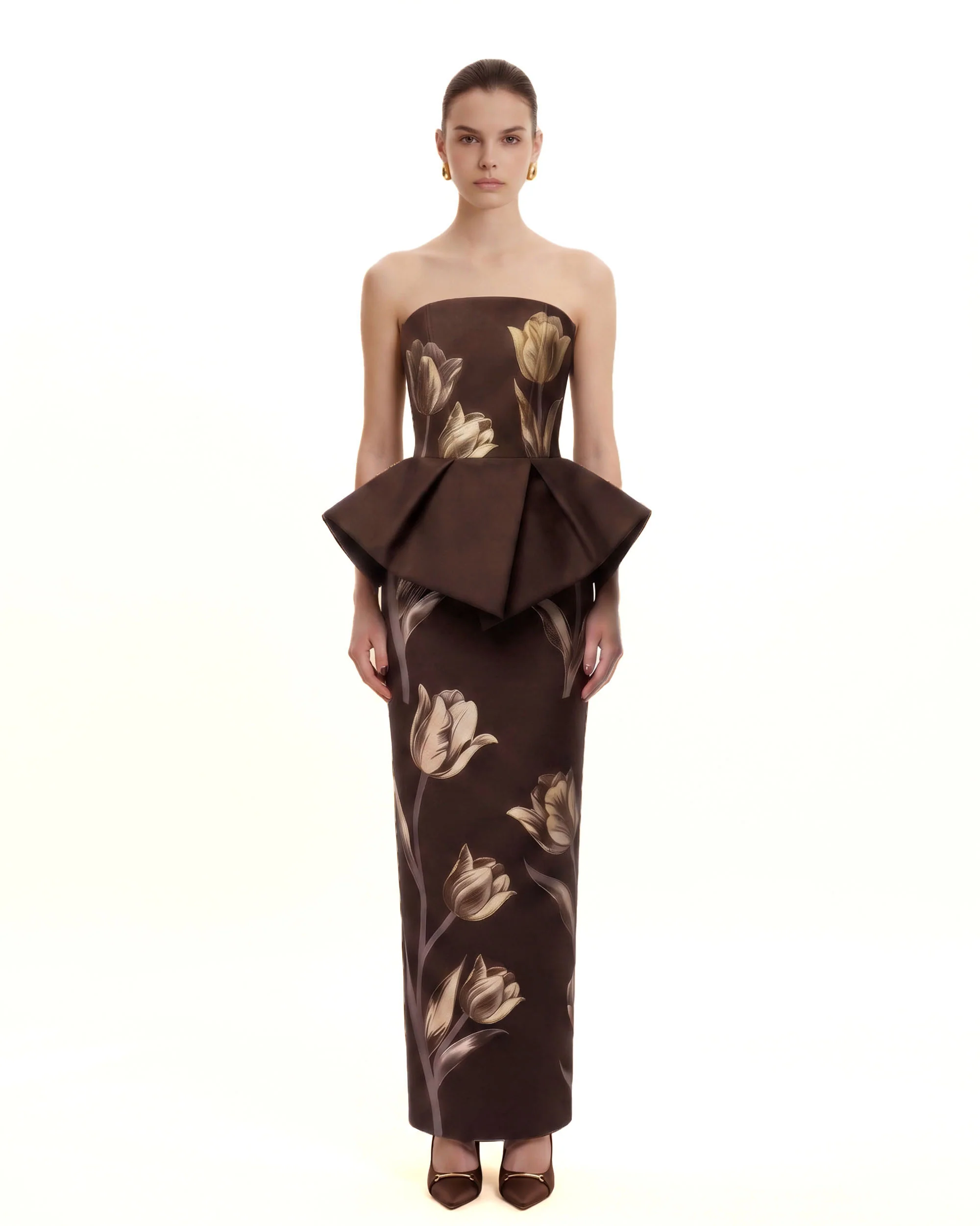 Tulip Floral Peplum Strapless Maxi Dress - Brown