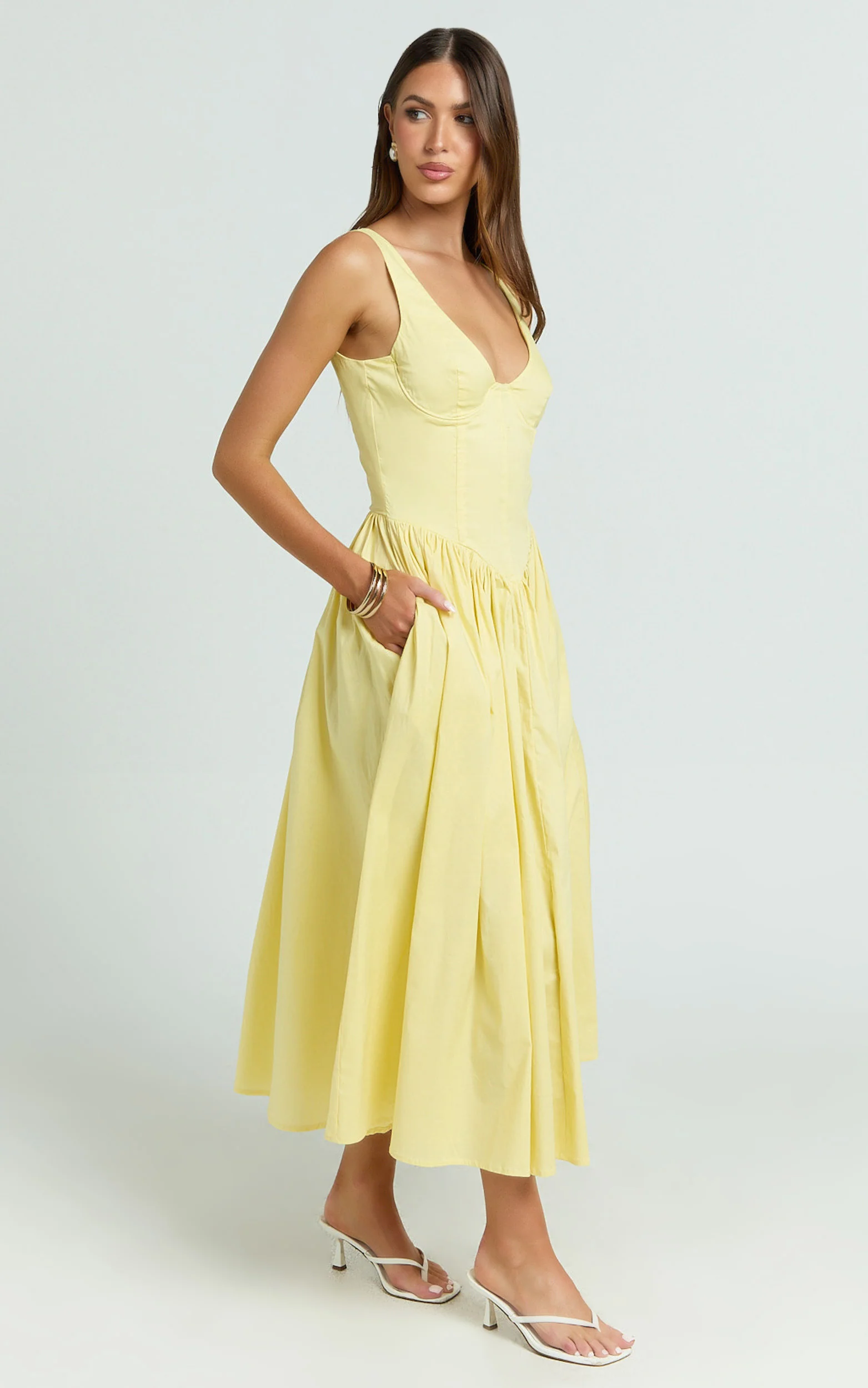 Beckett Midi Dress - Scoop Neck Drop V Waist Gathered Skirt Dress in Butter Yellow