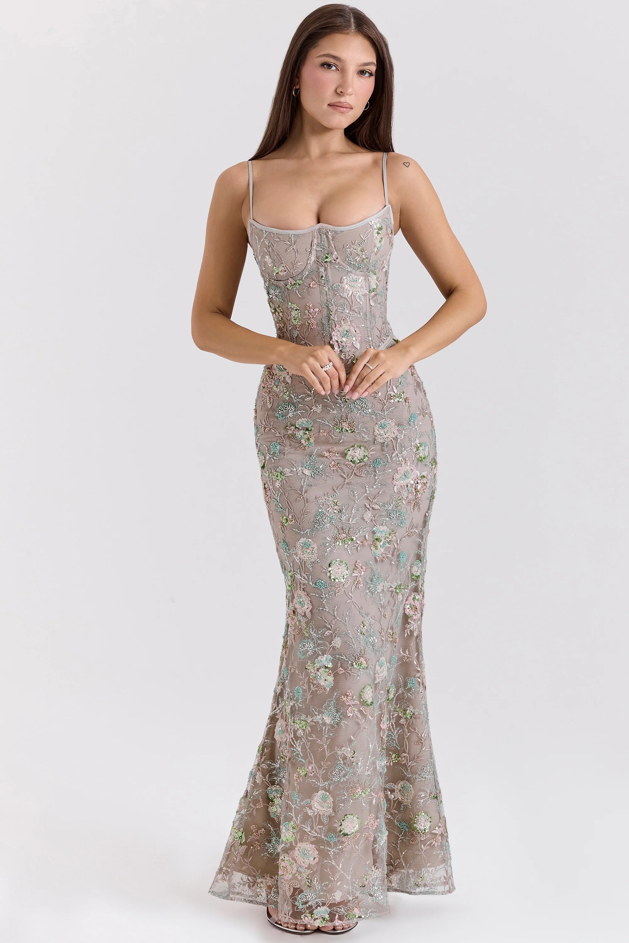 Silver Embellished Beaded Corset Maxi Dress
