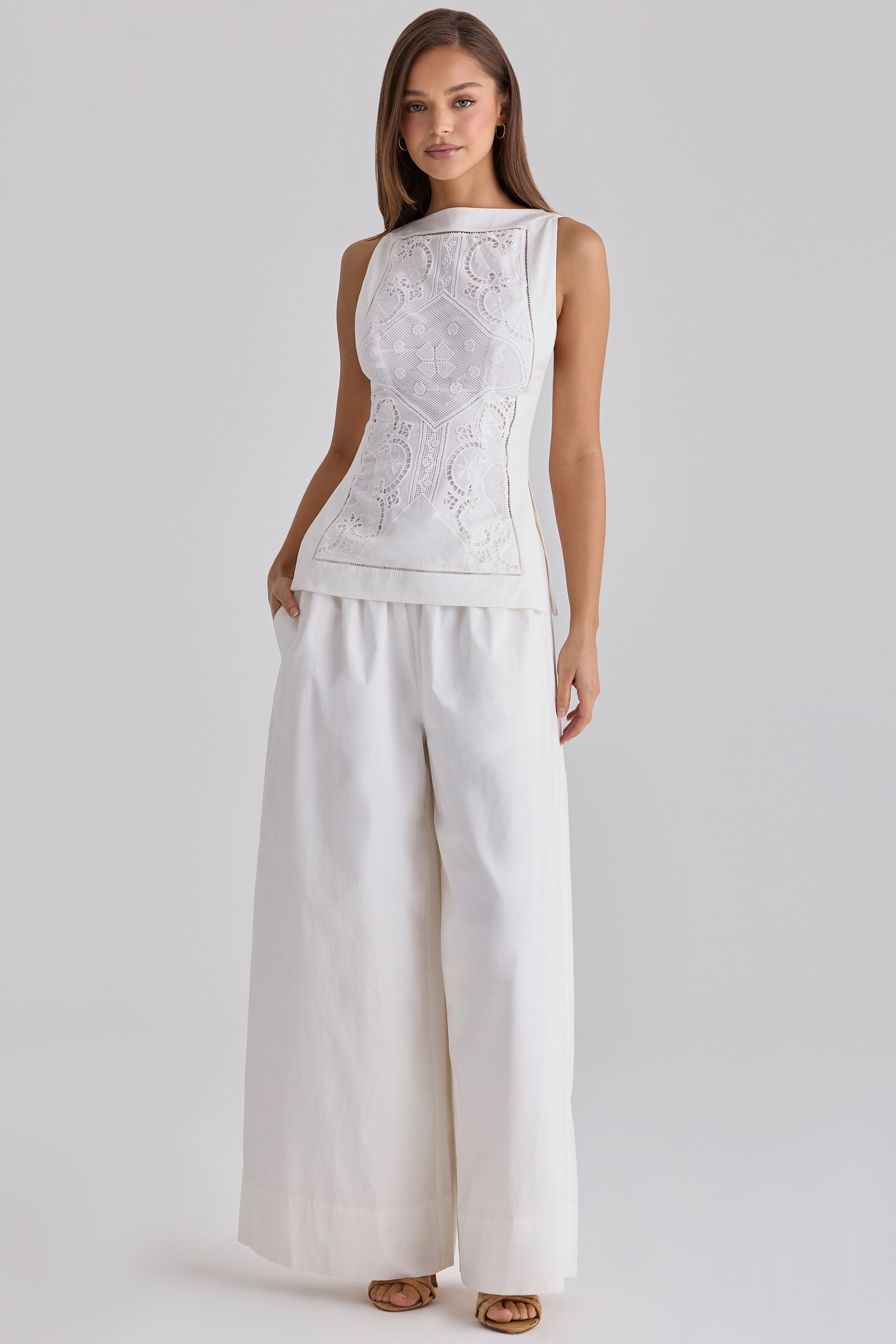 white cotton wide leg trousers