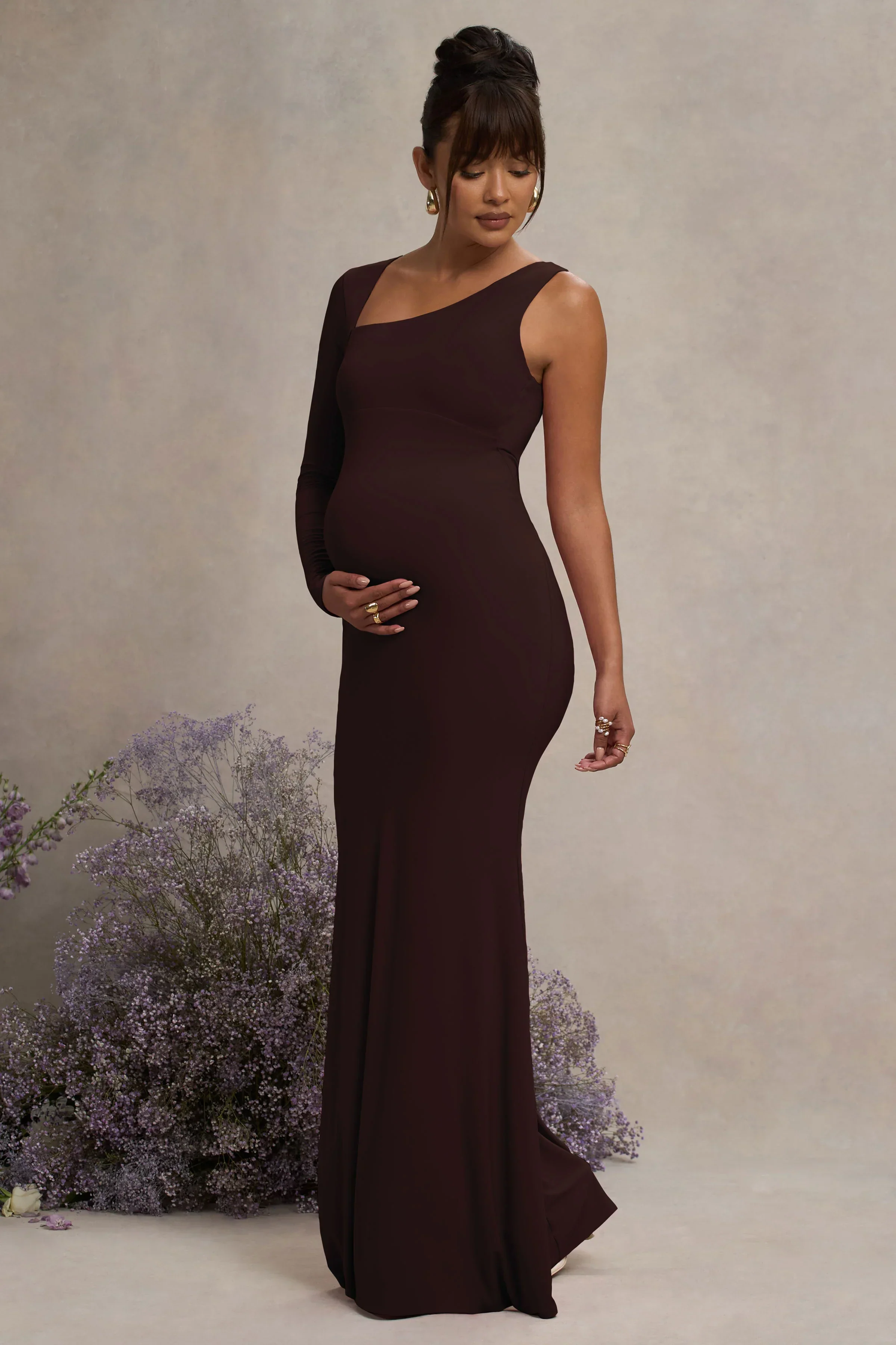 Oh Baby | Brown Maternity One Shoulder Bodycon Maxi Dress