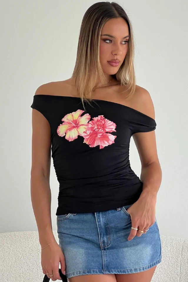 Twist Off Shoulder Graphic Top