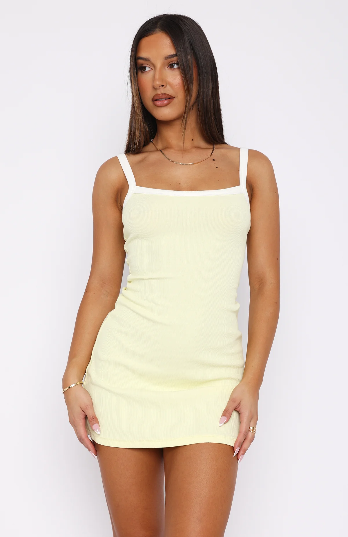 In This Moment Ribbed Mini Dress Lemon/White - luluinthesky