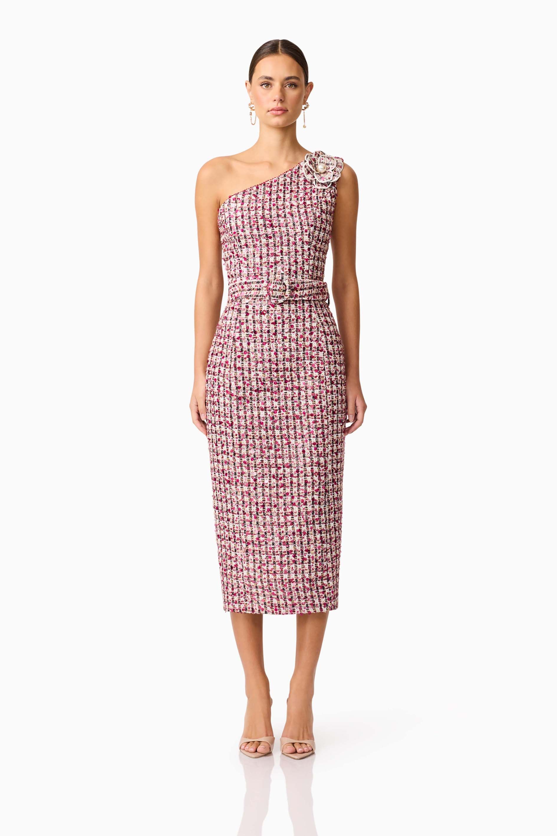 Bianca One Shoulder Tweed Midi Dress in Red