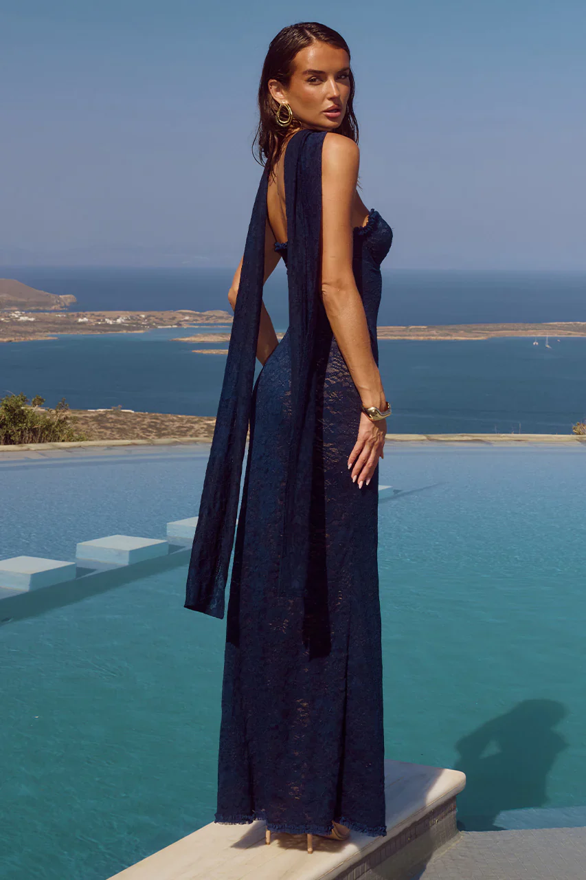 AMANA STRAPLESS SCARF MAXI DRESS - NAVY