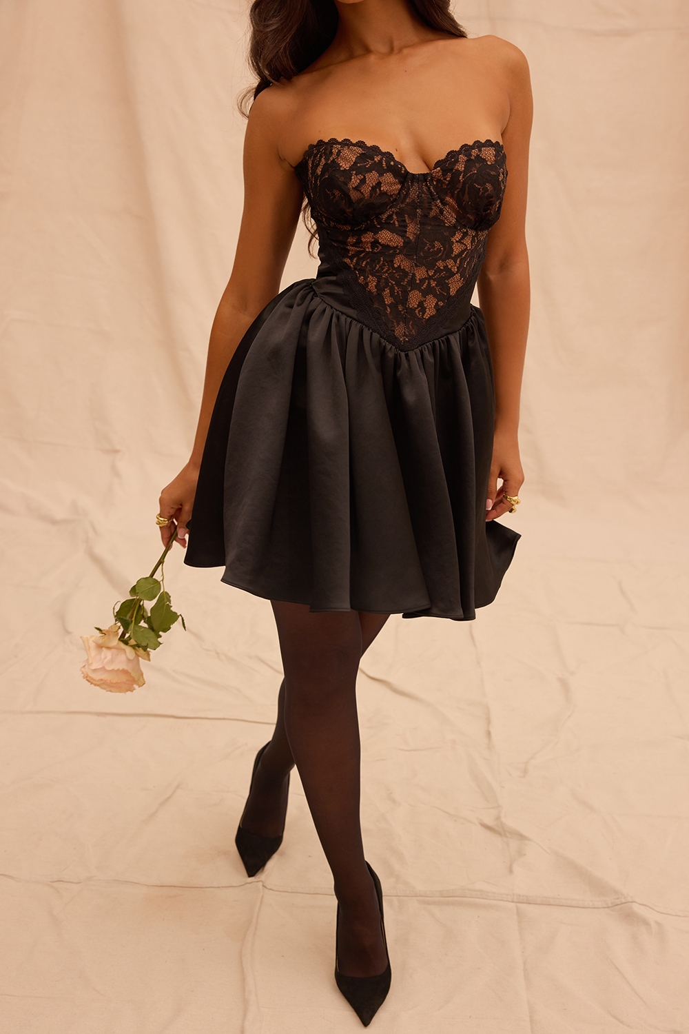 Black Lace And Satin Strapless Mini Dress