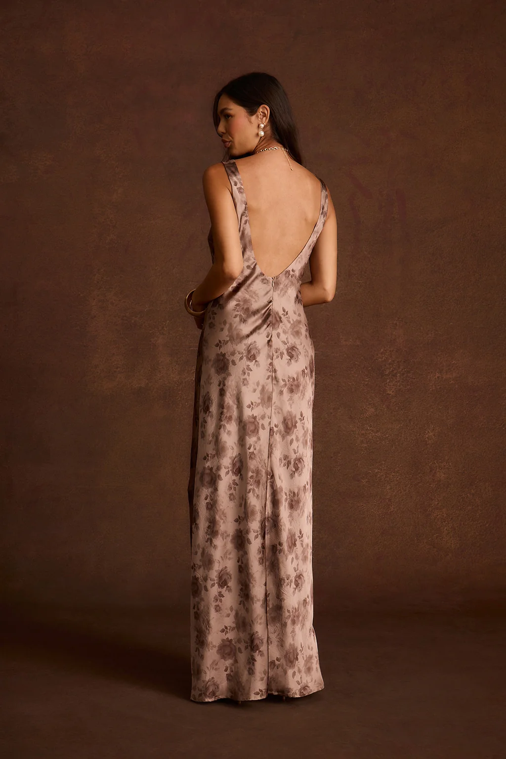 Orion Mocha Floral Satin Maxi Dress