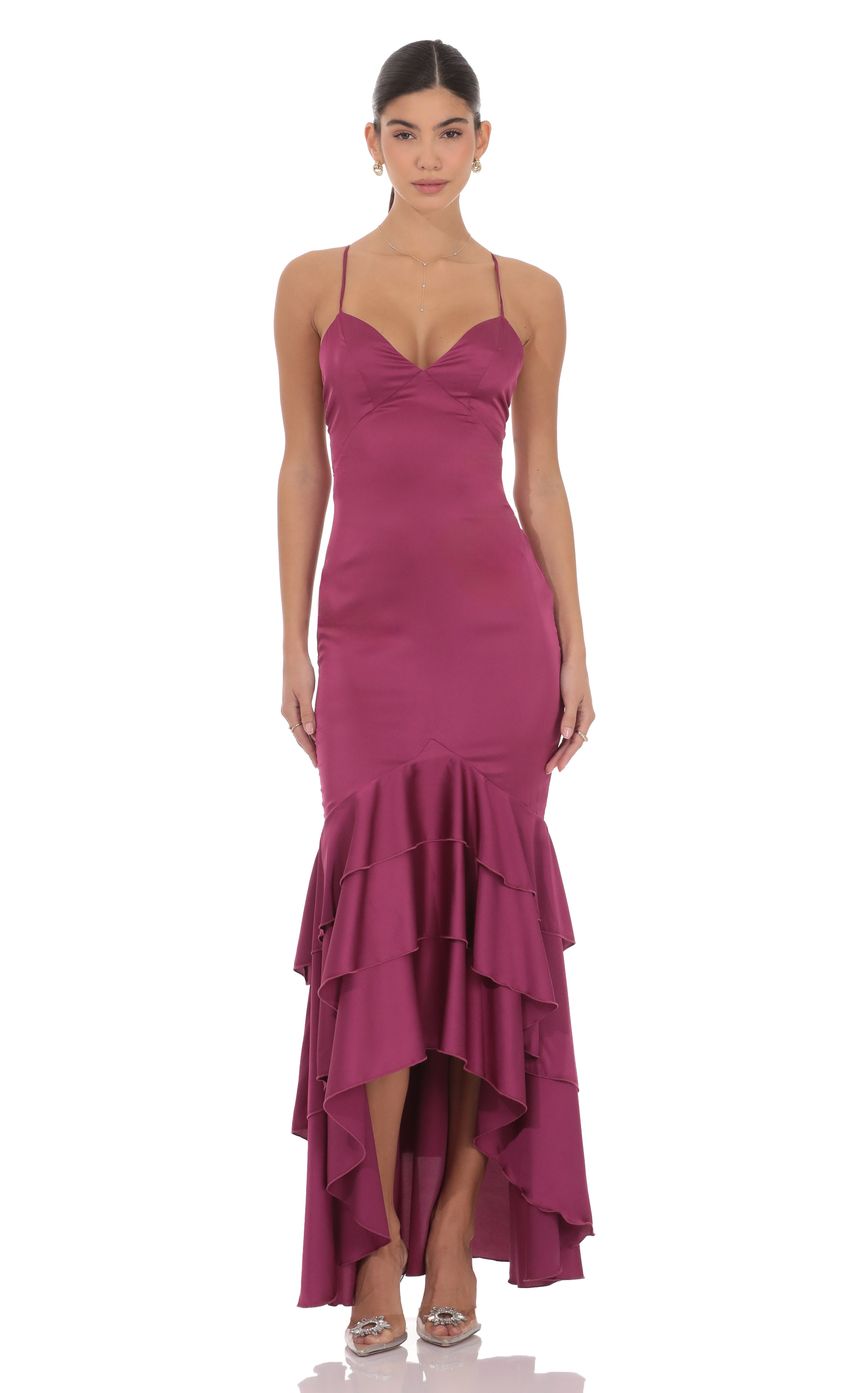 Satin Ruffle Fishtail Maxi Dress in Magenta
