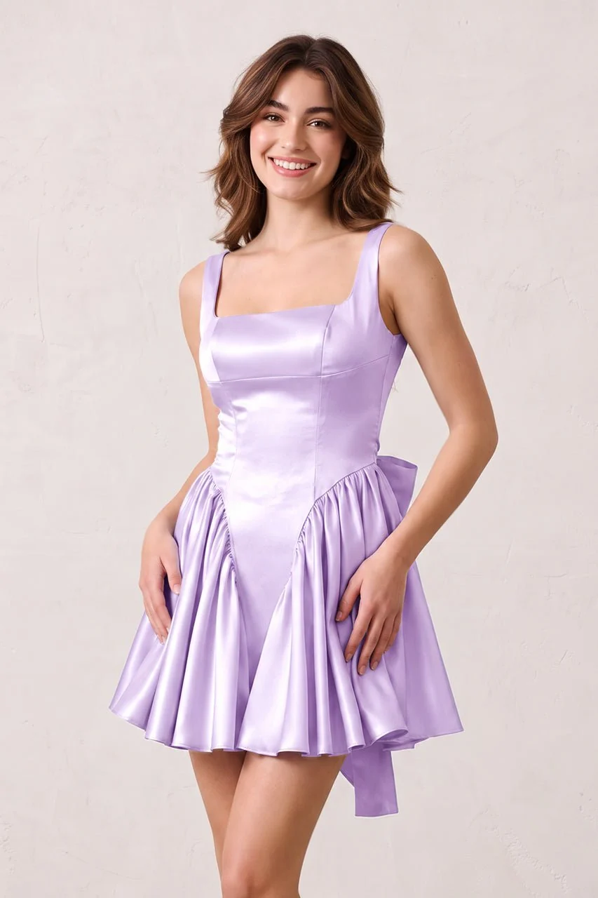Sky Blue A Line Satin Square Neck Homecoming Dress with Bowknot Ruffles
