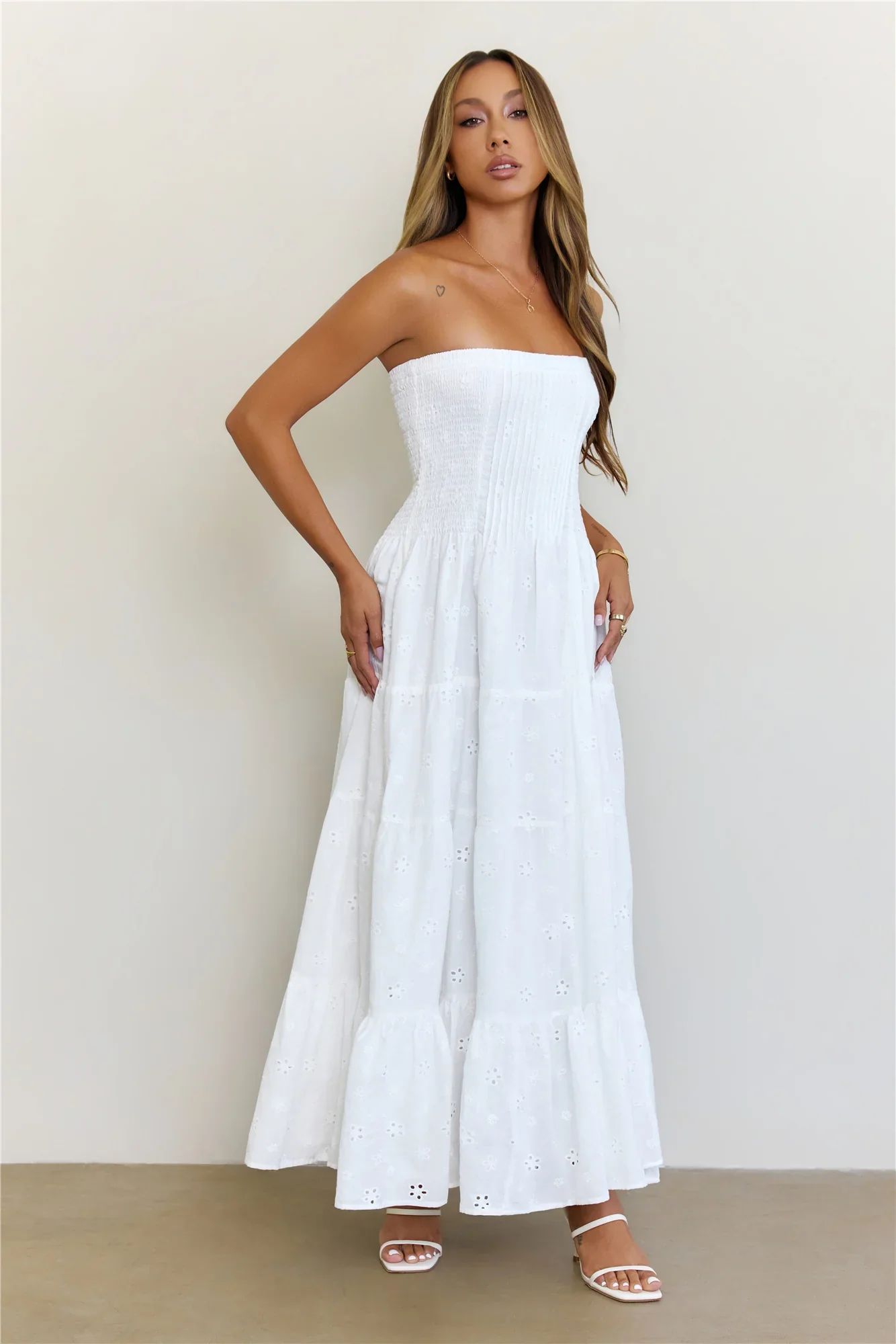Dreamy Days Broderie Strapless Tiered Maxi Dress White