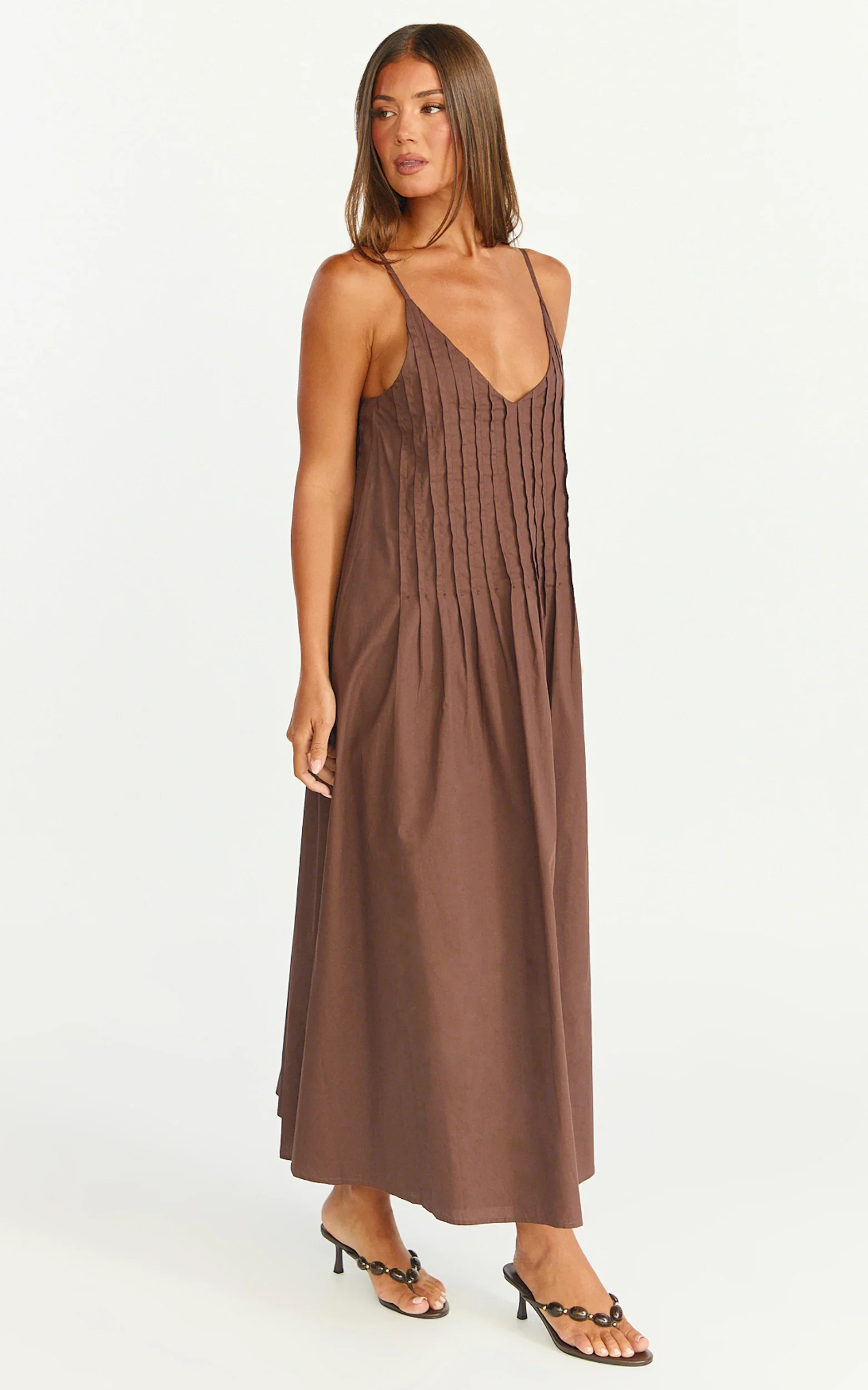 Estelle Maxi Dress - V Neck Pleated Dress in Chocolate