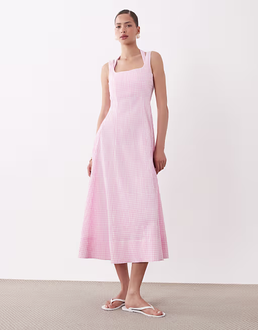 square neck maxi sundress with peekaboo bust in pink gingham