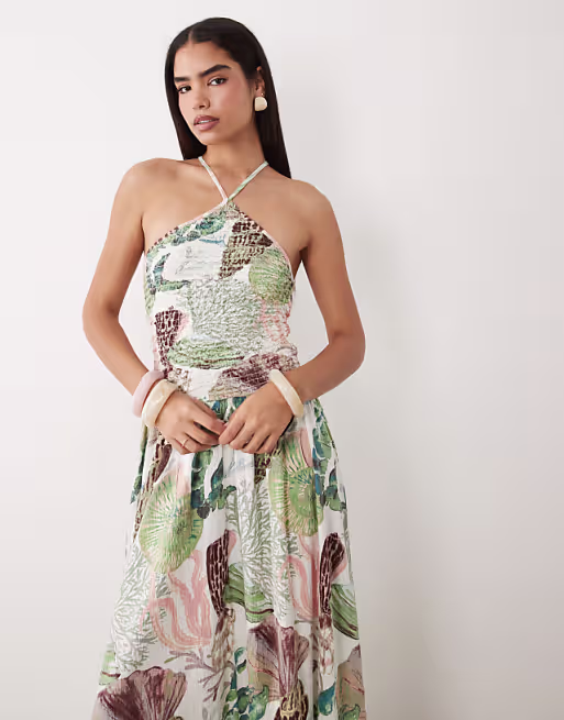 crinkle cami halter midi dress in shell print